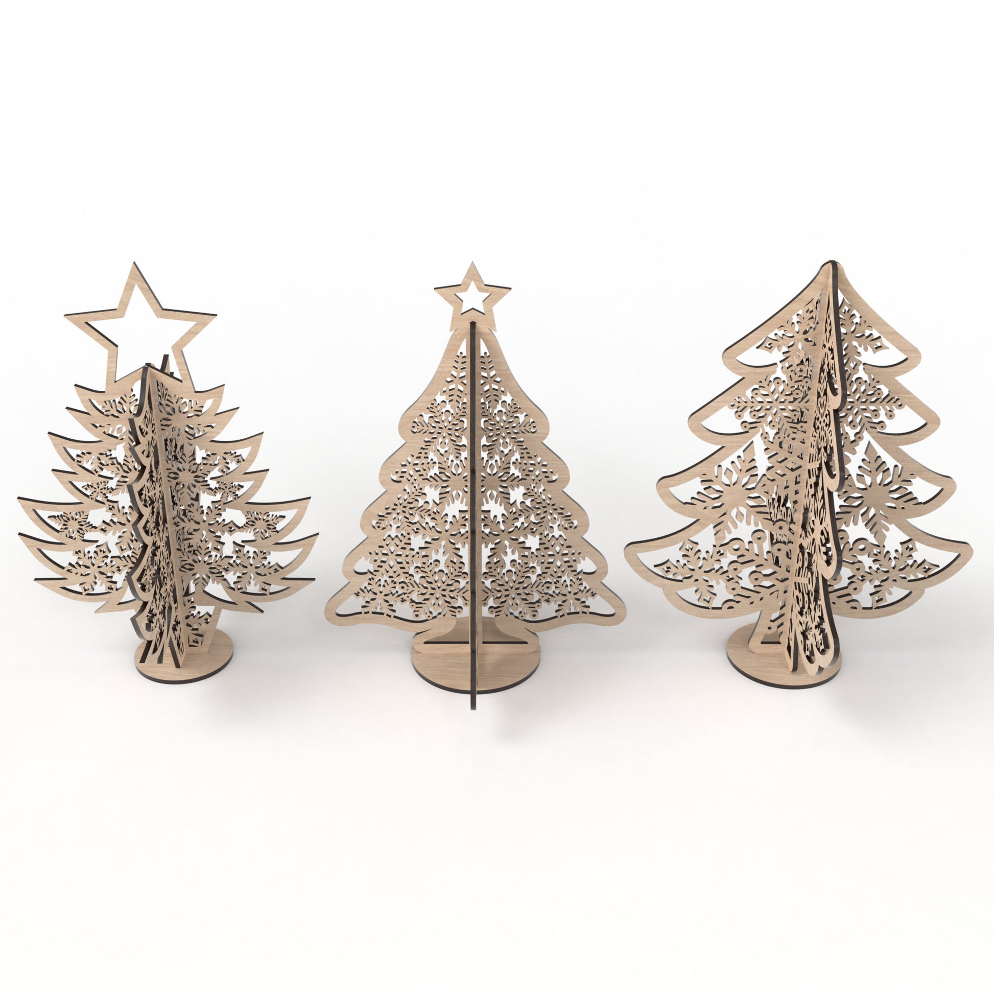 Set of 3 Snowflake Christmas Trees made from our laser cutting files and available for digital download. Includes 3 freestanding unique tree designs, 2 with delicate stars on top, all featuring beautifully detailed snowflake cut outs.