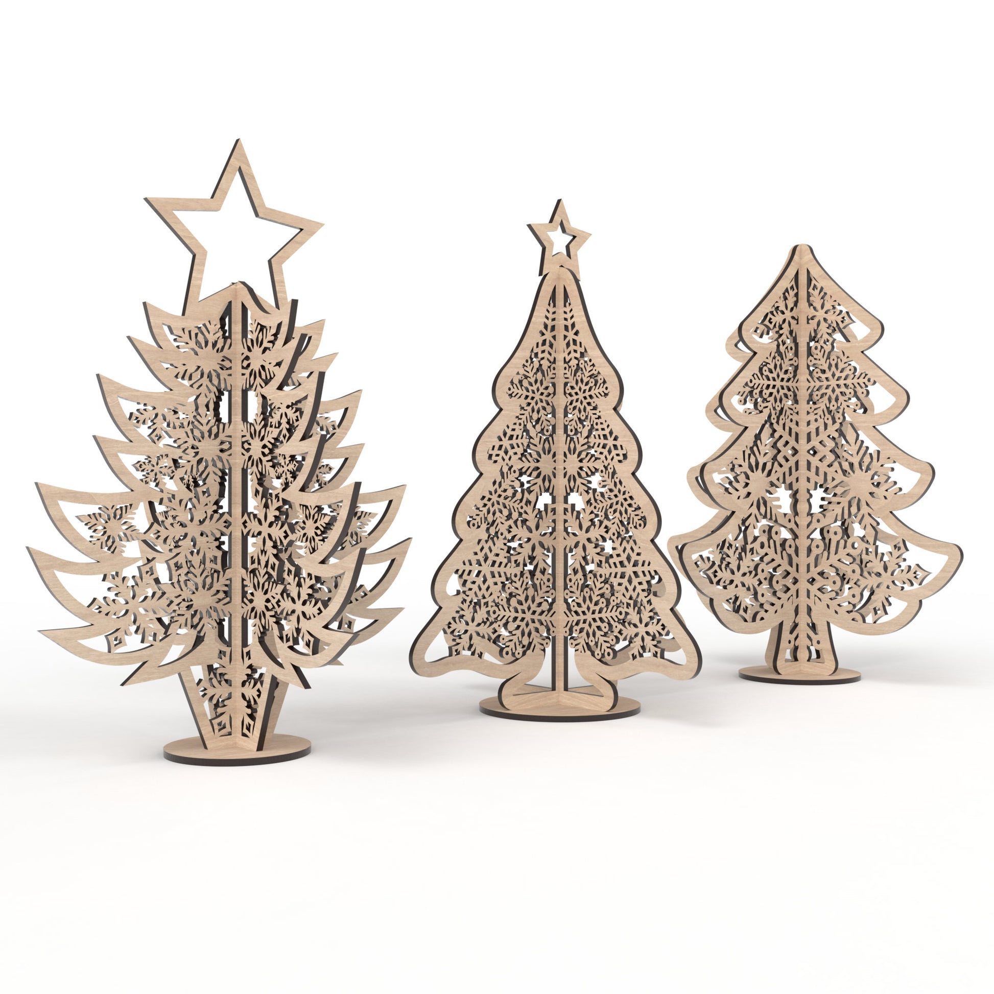 Set of 3 Snowflake Christmas Trees made from our laser cutting files and available for digital download. Includes 3 freestanding unique tree designs, 2 with delicate stars on top, all featuring beautifully detailed snowflake cut outs.