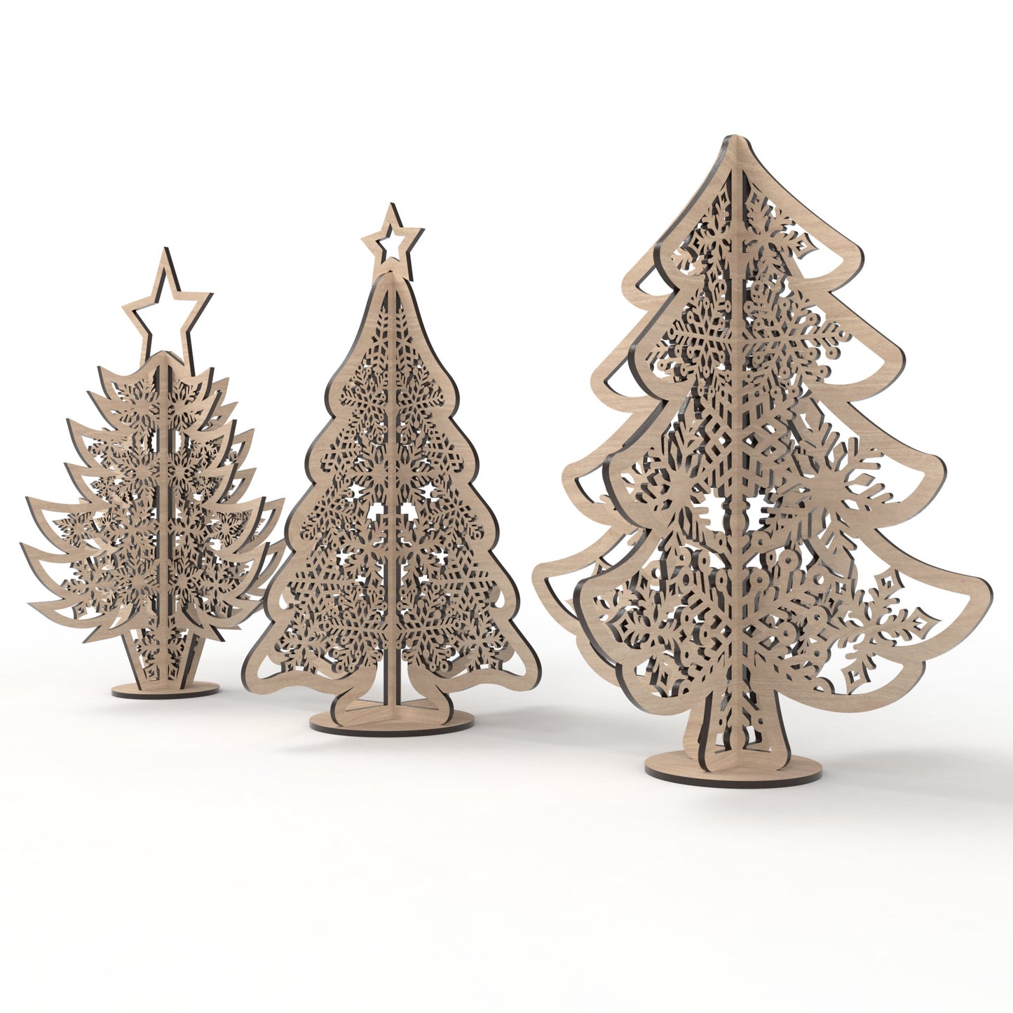 Set of 3 Snowflake Christmas Trees made from our laser cutting files and available for digital download. Includes 3 freestanding unique tree designs, 2 with delicate stars on top, all featuring beautifully detailed snowflake cut outs.