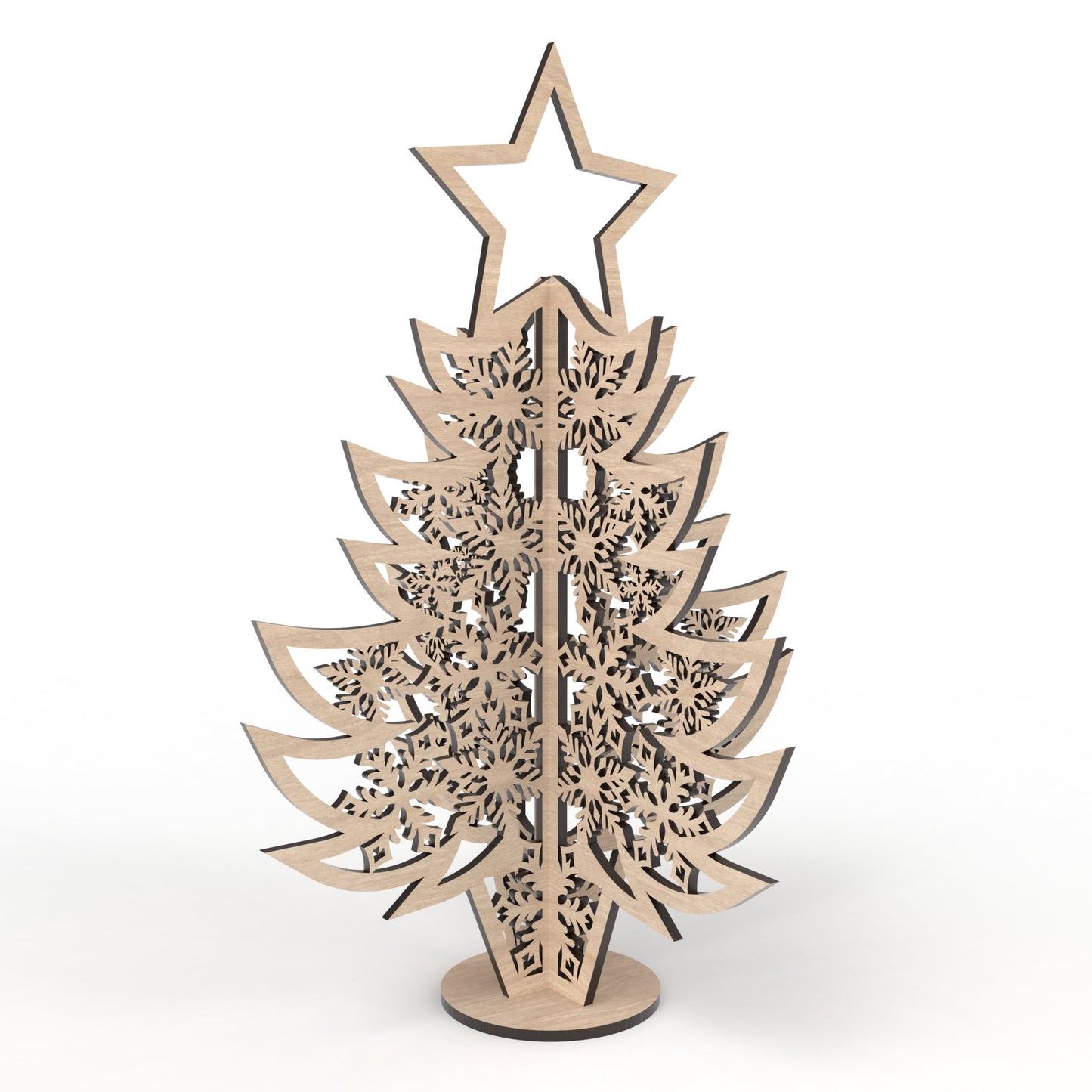 A Snowflake Christmas Tree made from our laser cutting files and available for digital download. 3 freestanding unique tree designs available, 2 with delicate stars on top, all featuring beautifully detailed snowflake cut outs.