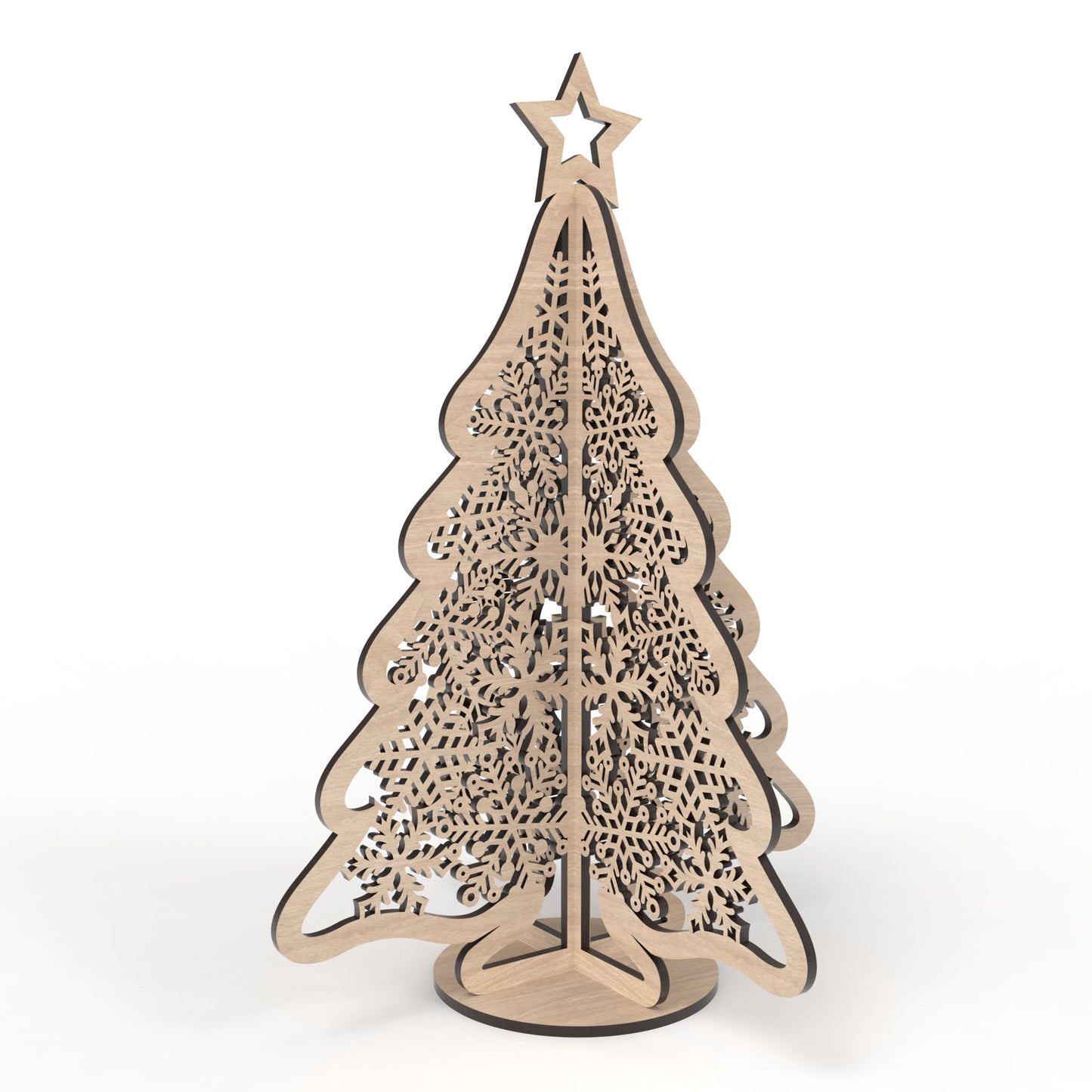 A Snowflake Christmas Tree made from our laser cutting files and available for digital download. 3 freestanding unique tree designs available, 2 with delicate stars on top, all featuring beautifully detailed snowflake cut outs.