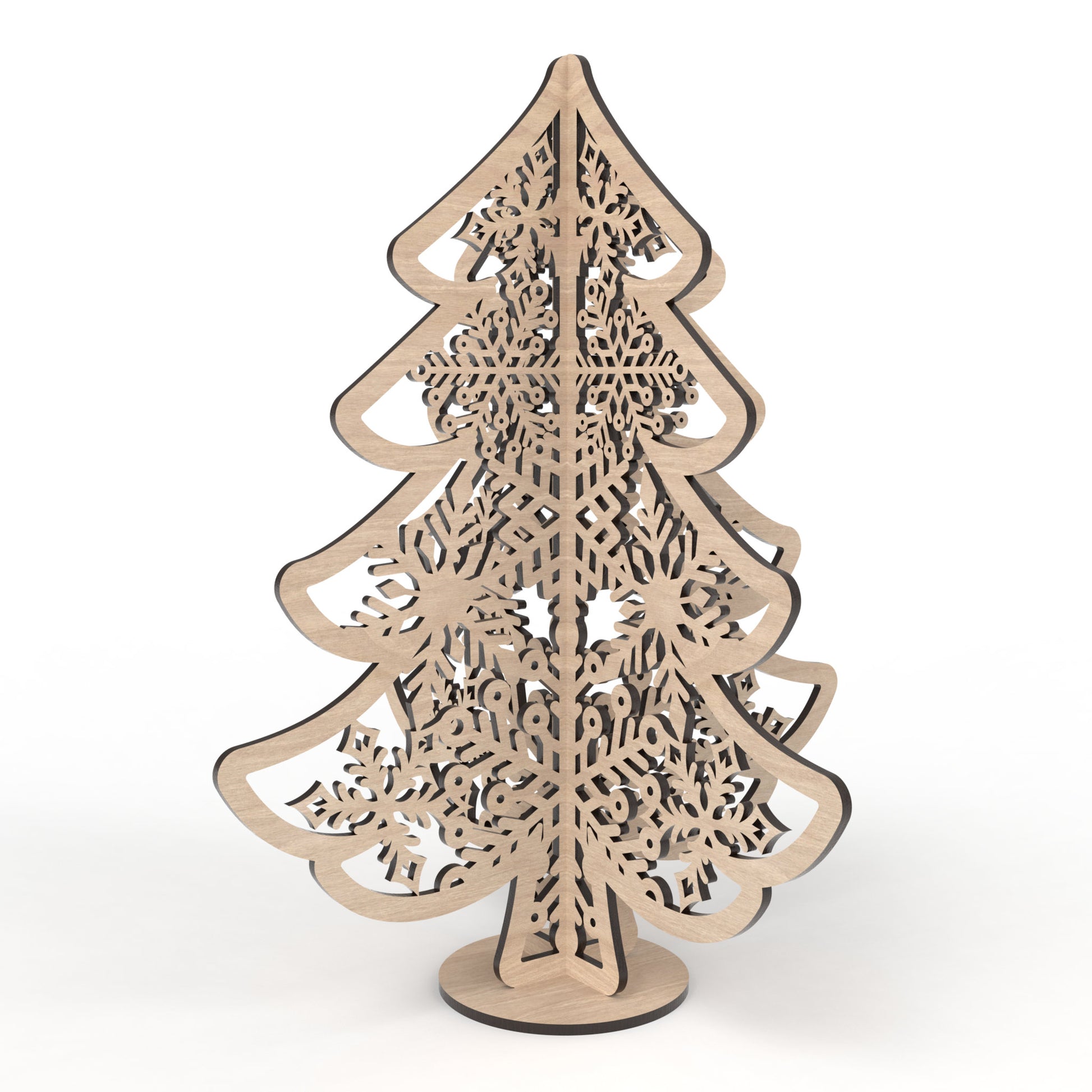 A Snowflake Christmas Tree made from our laser cutting files and available for digital download. 3 freestanding unique tree designs available, 2 with delicate stars on top, all featuring beautifully detailed snowflake cut outs.