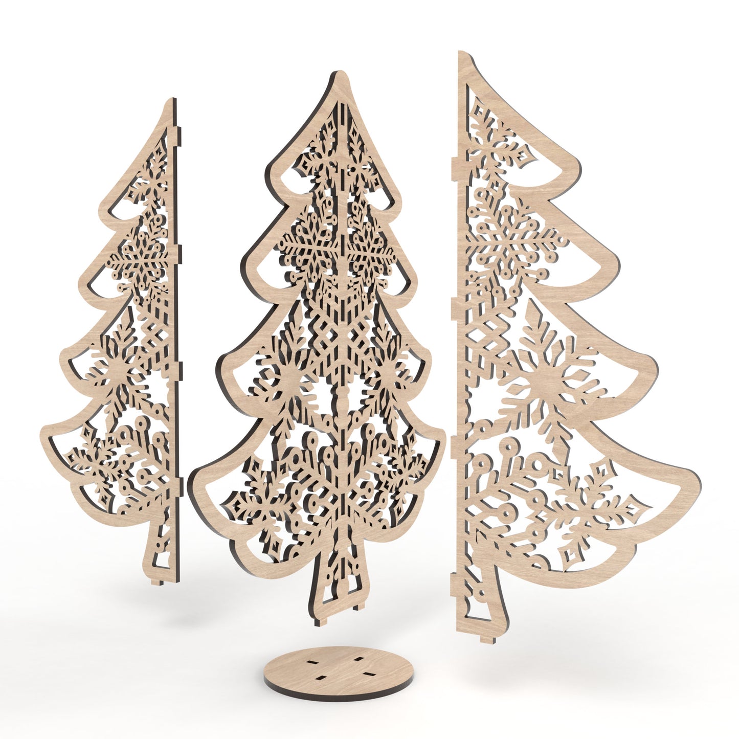 An exploded view of our Snowflake Christmas Trees made from our laser cutting files and available for digital download. 3 freestanding unique tree designs available, 2 with delicate stars on top, all featuring beautifully detailed snowflake cut outs.