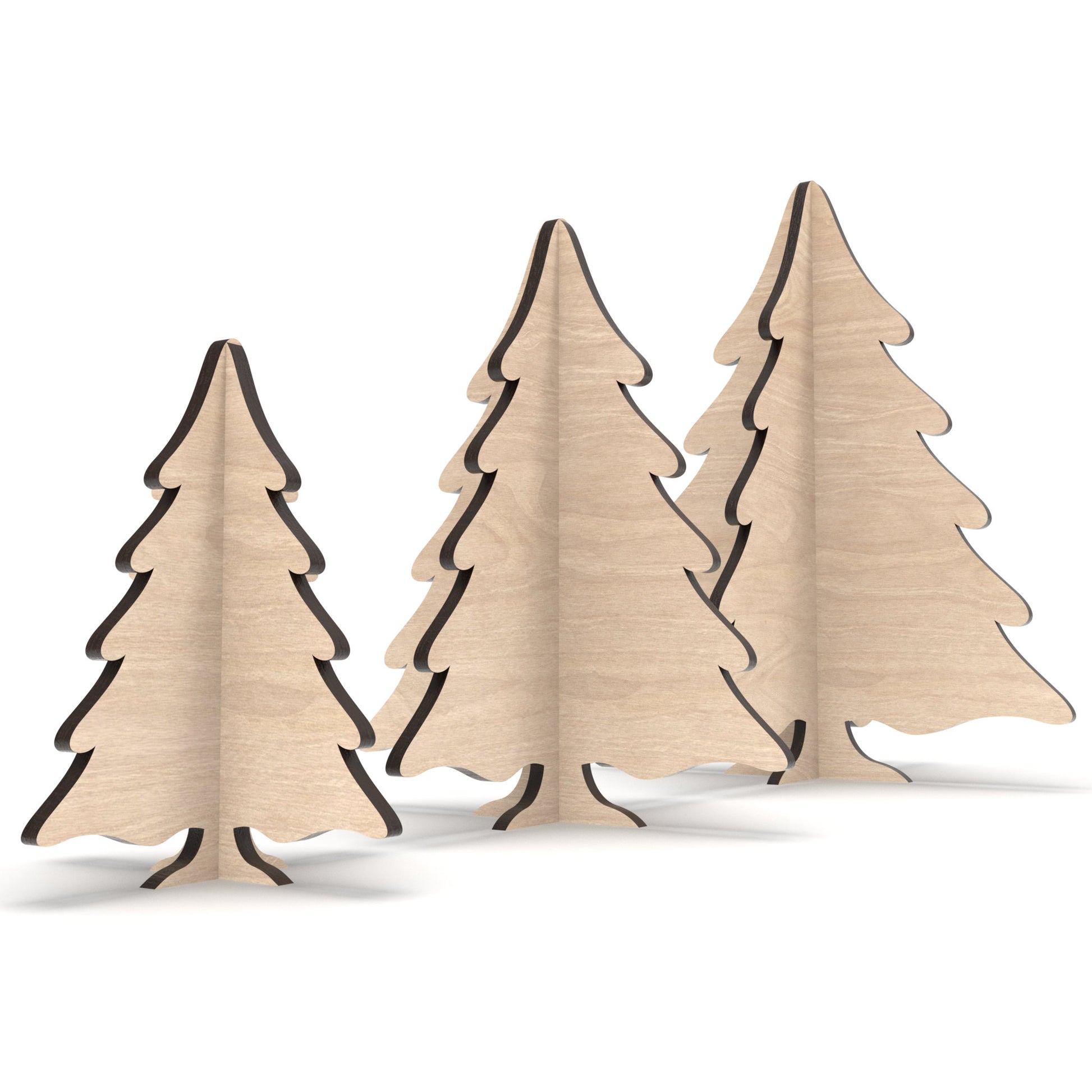 Set of 3 Snowy Christmas Trees made from our laser cutting files and available as a digital download. Includes three sizes: 10cm, 15cm, and 20cm high.