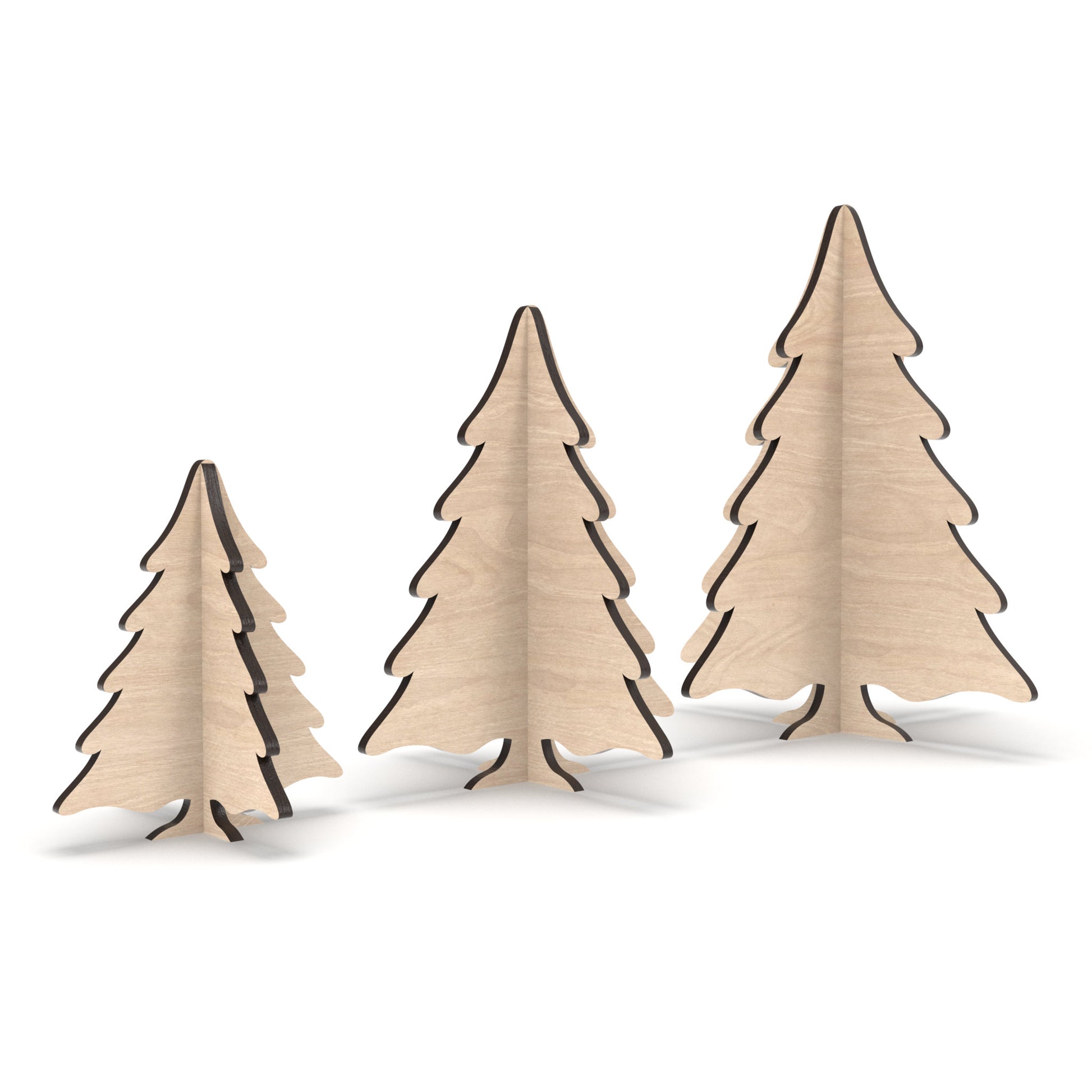 Set of 3 Snowy Christmas Trees made from our laser cutting files and available as a digital download. Includes three sizes: 10cm, 15cm, and 20cm high.