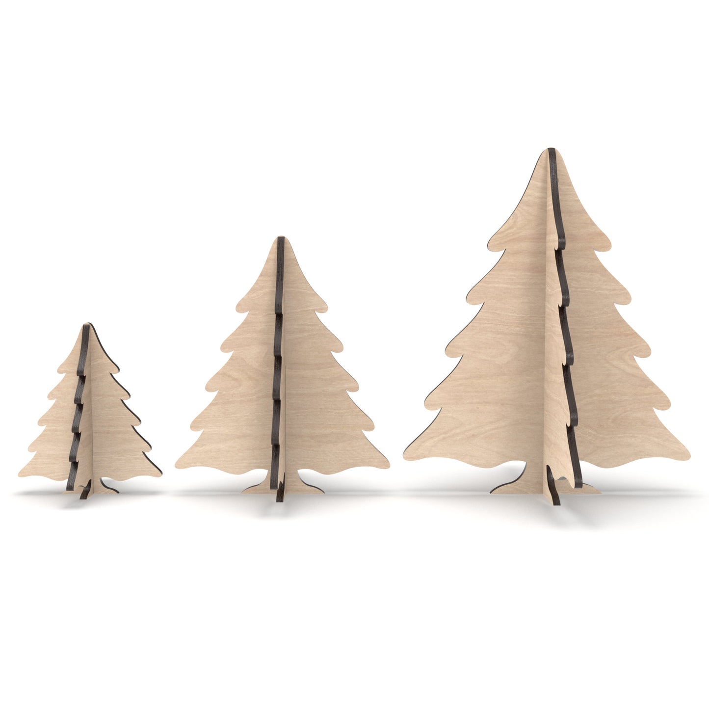 Set of 3 Snowy Christmas Trees made from our laser cutting files and available as a digital download. Includes three sizes: 10cm, 15cm, and 20cm high.