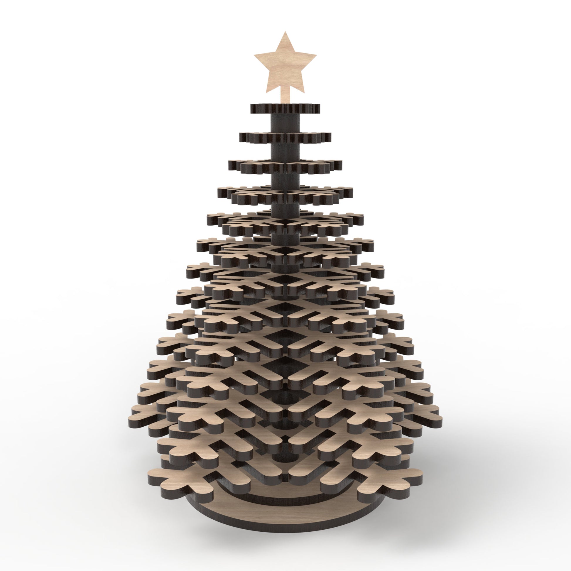 Our Stacked Snowflake Christmas Tree made from our laser cutting files and available for digital download. Features a descending array of snowflakes from 15cm at the bottom to 3cm at the top, slotting together on a central star stick and stands between 16cm and 20cm high.