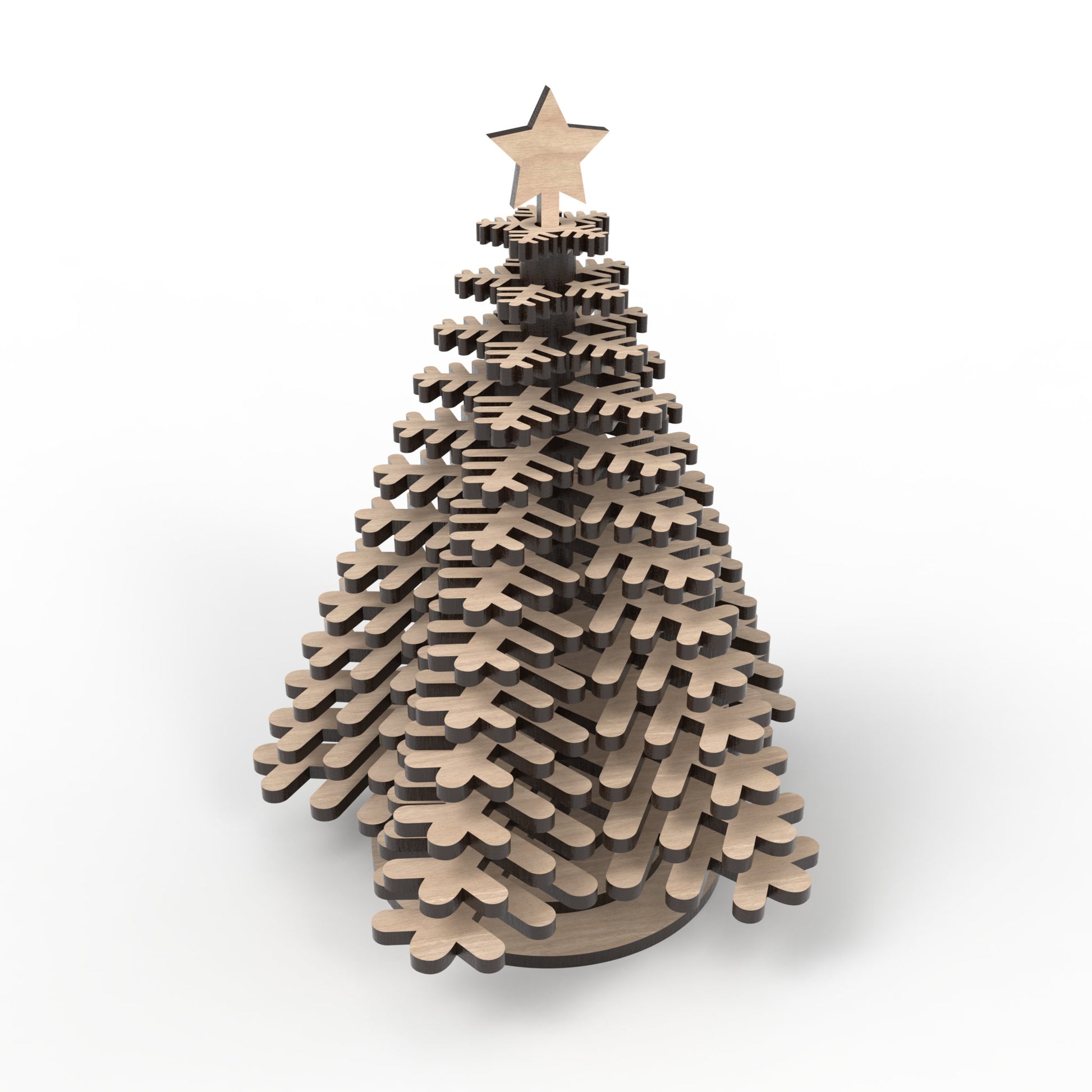 Our Stacked Snowflake Christmas Tree made from our laser cutting files and available for digital download. Features a descending array of snowflakes from 15cm at the bottom to 3cm at the top, slotting together on a central star stick and stands between 16cm and 20cm high.