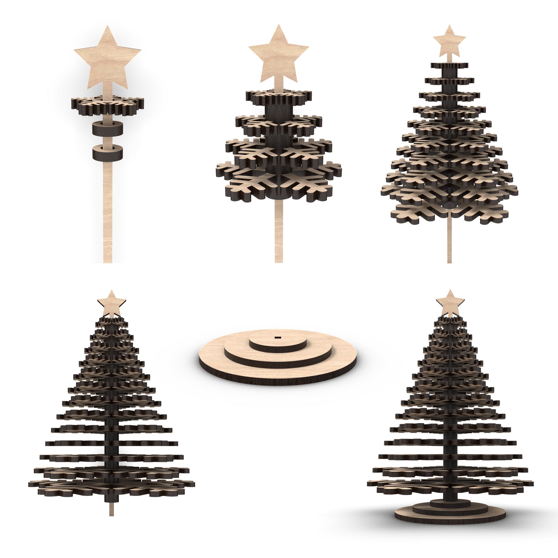 An exploded view of our Stacked Snowflake Christmas Tree made from our laser cutting files and available for digital download. Features a descending array of snowflakes from 15cm at the bottom to 3cm at the top, slotting together on a central star stick and stands between 16cm and 20cm high.