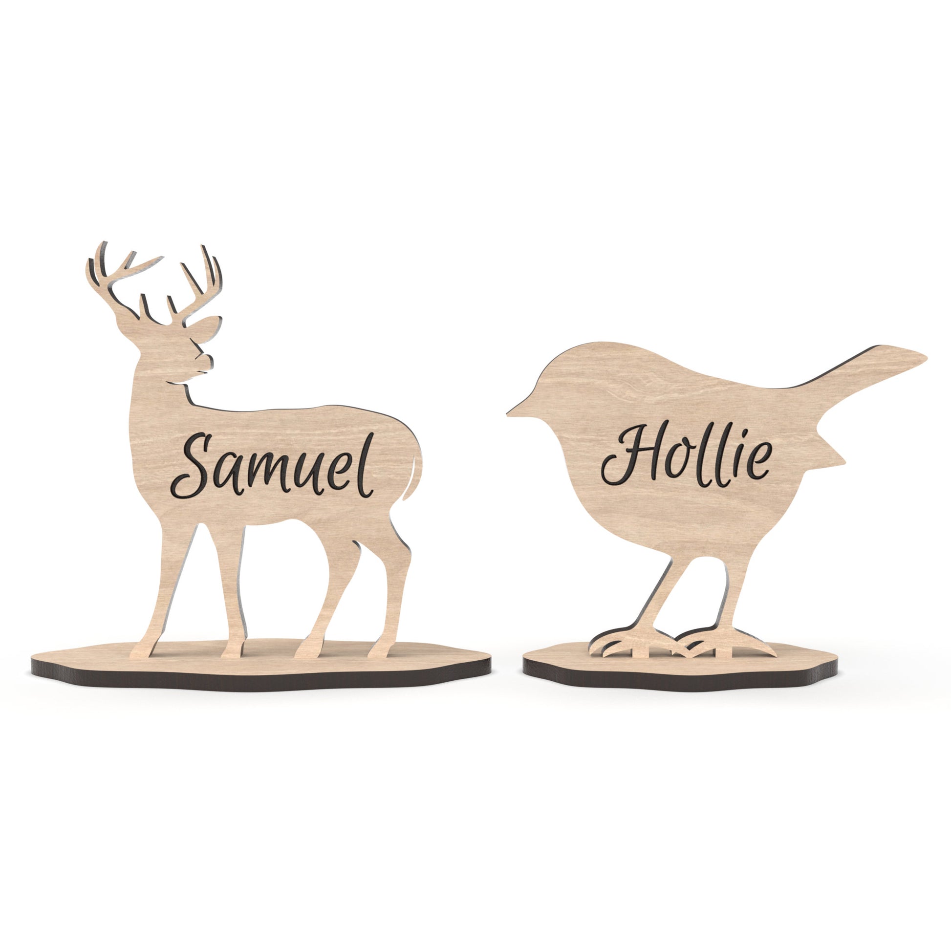 Set of 2 Stag / Reindeer and Robin table place setting names made from our laser cutting files and available for digital download. Personalized table place setting names to make every guest feel cherished during holiday festivities.