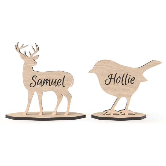 Set of 2 Stag / Reindeer and Robin table place setting names made from our laser cutting files and available for digital download. Personalized table place setting names to make every guest feel cherished during holiday festivities.