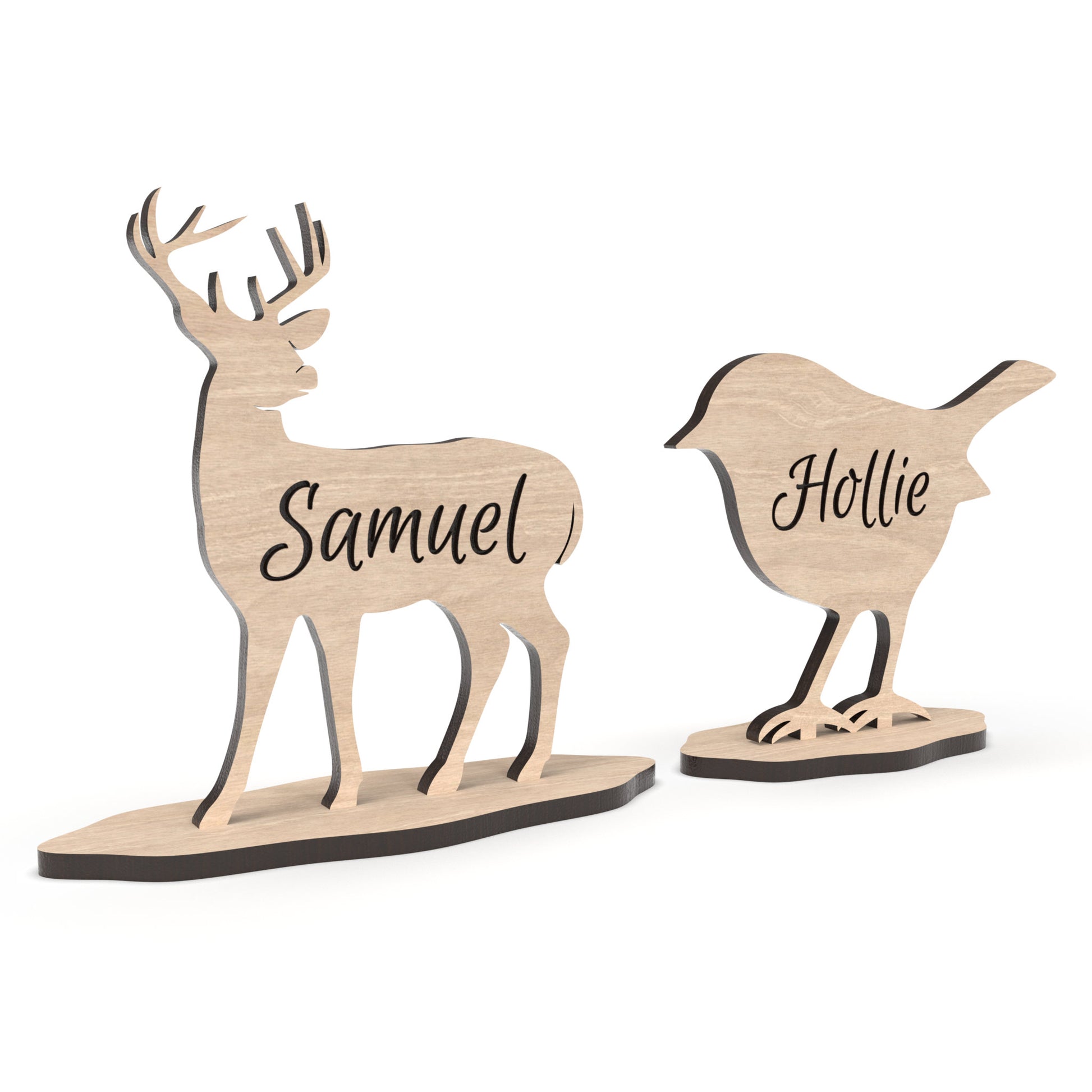 Set of 2 Stag / Reindeer and Robin table place setting names made from our laser cutting files and available for digital download. Personalized table place setting names to make every guest feel cherished during holiday festivities.