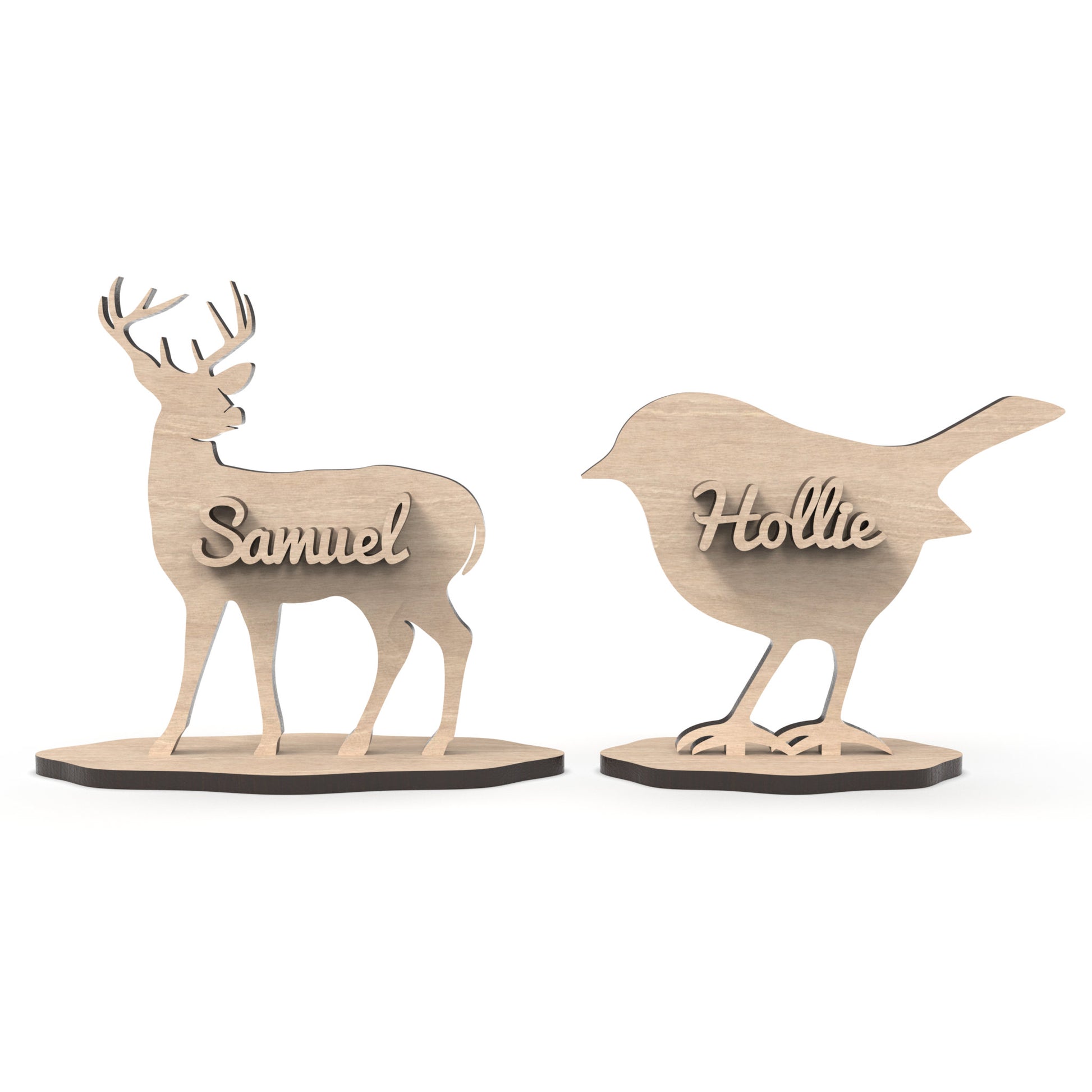 Set of 2 Stag / Reindeer and Robin table place setting names made from our laser cutting files and available for digital download. Personalized table place setting names to make every guest feel cherished during holiday festivities.