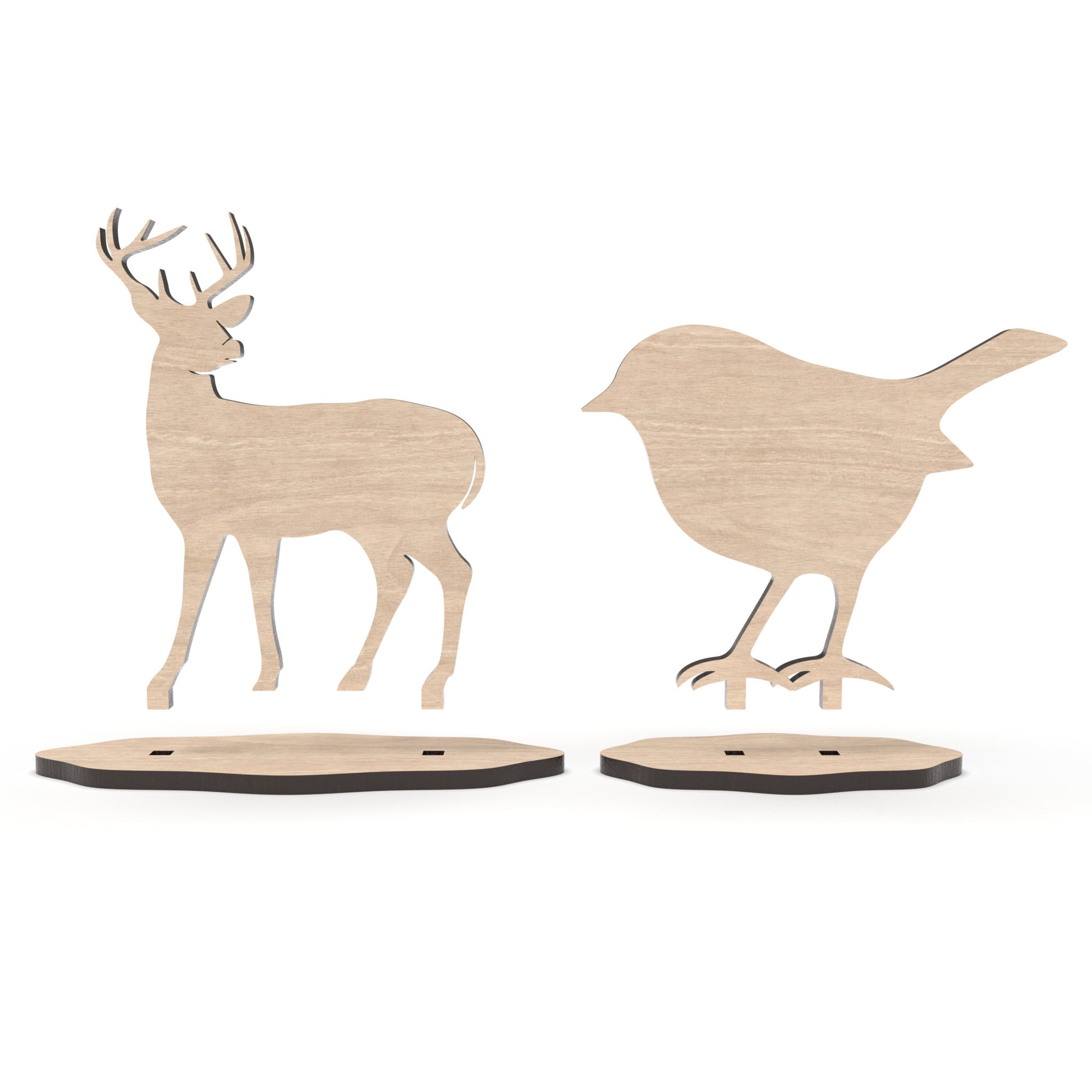 An exploded view of our set of 2 Stag / Reindeer and Robin table place setting names with space for personalization made from our laser cutting files and available for digital download. Personalized table place setting names to make every guest feel cherished during holiday festivities.
