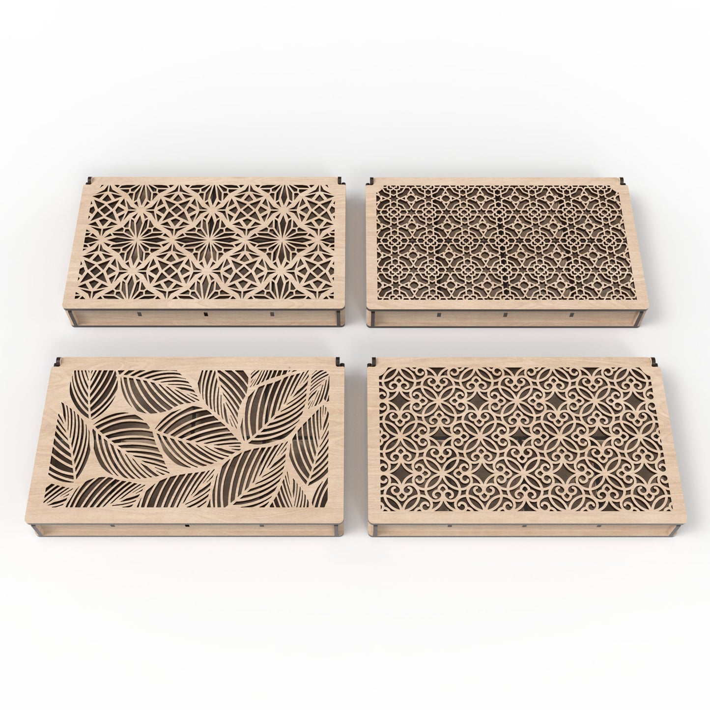 4 Stash boxes made from our laser cutting files and available for digital download. Features 4 captivating lid design variations, ideal for use as a dice box, memory box, keepsake box, jewelry box, earring box, gift box, and more.