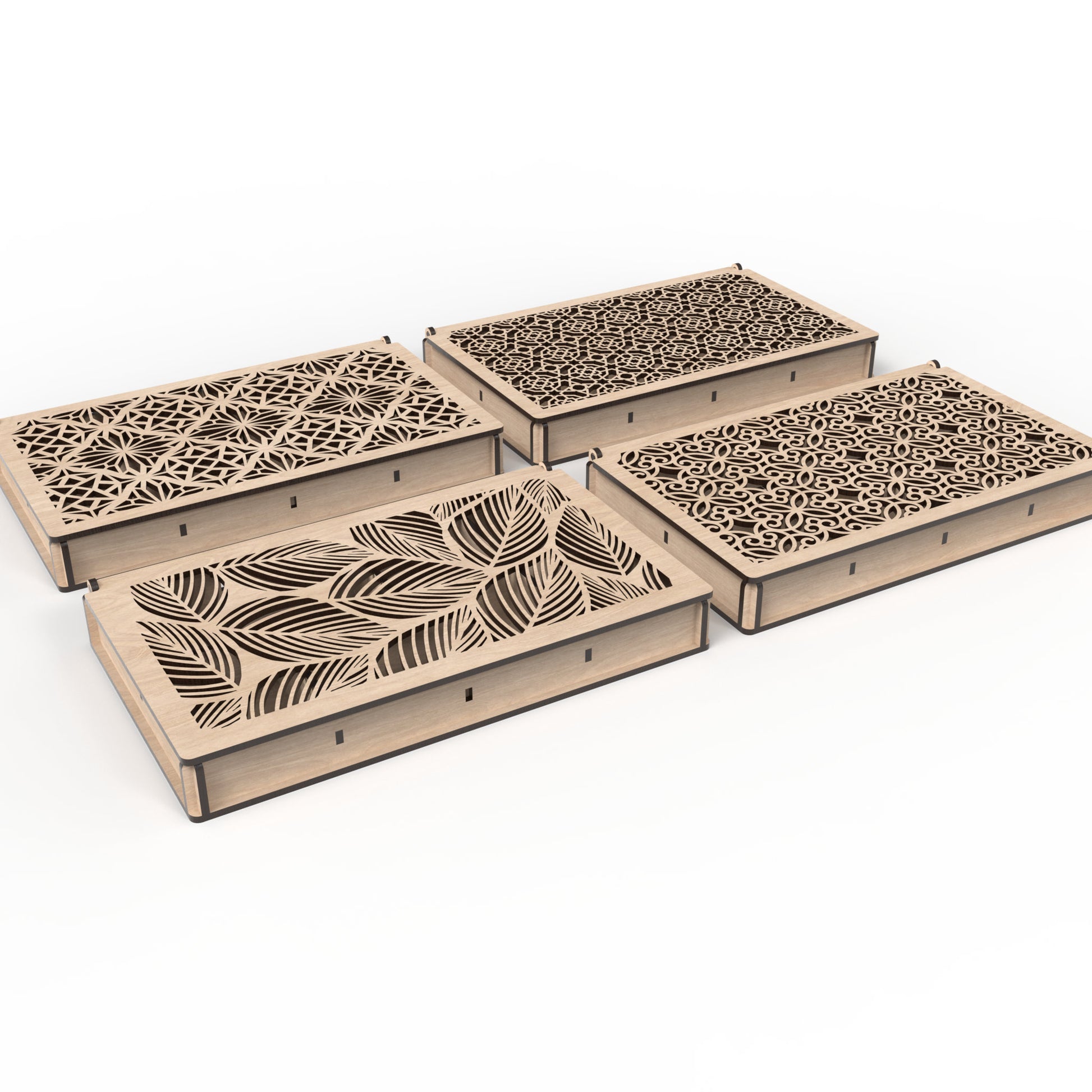 4 Stash boxes made from our laser cutting files and available for digital download. Features 4 captivating lid design variations, ideal for use as a dice box, memory box, keepsake box, jewelry box, earring box, gift box, and more.