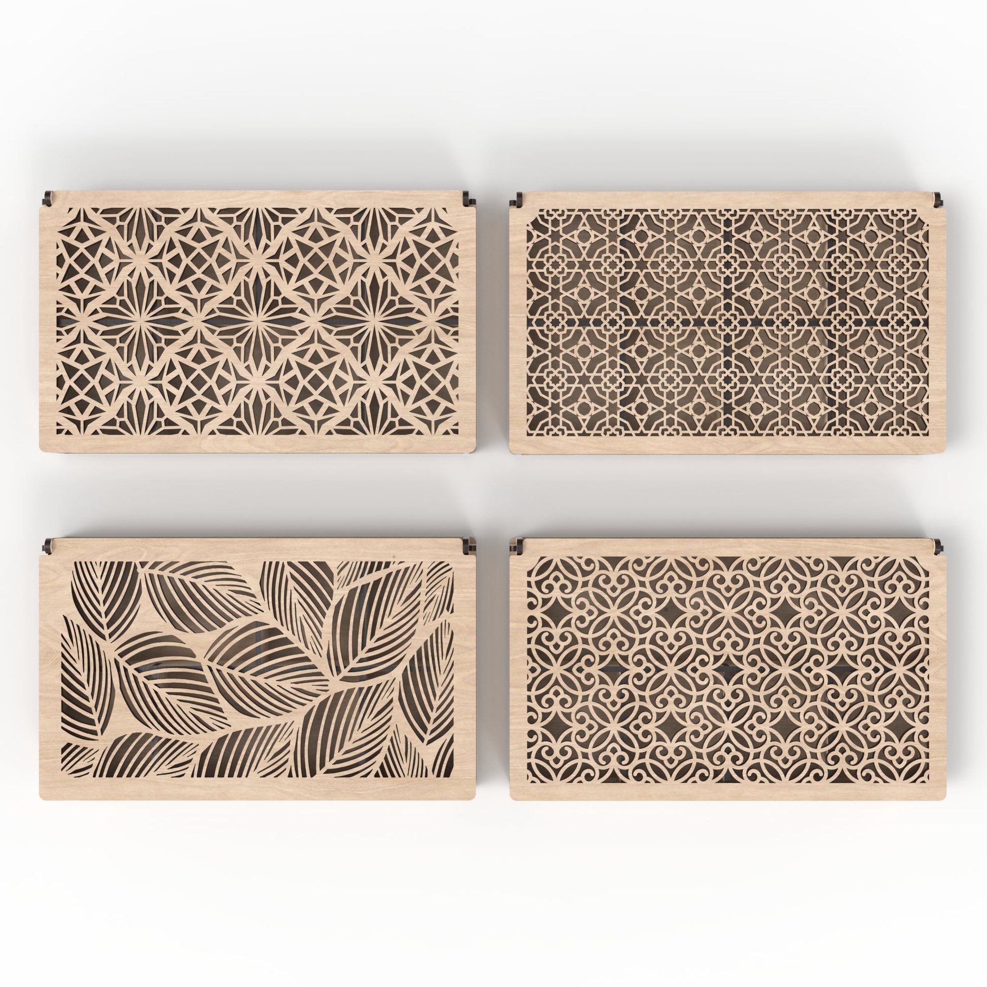 4 Stash boxes made from our laser cutting files and available for digital download. Features 4 captivating lid design variations, ideal for use as a dice box, memory box, keepsake box, jewelry box, earring box, gift box, and more.