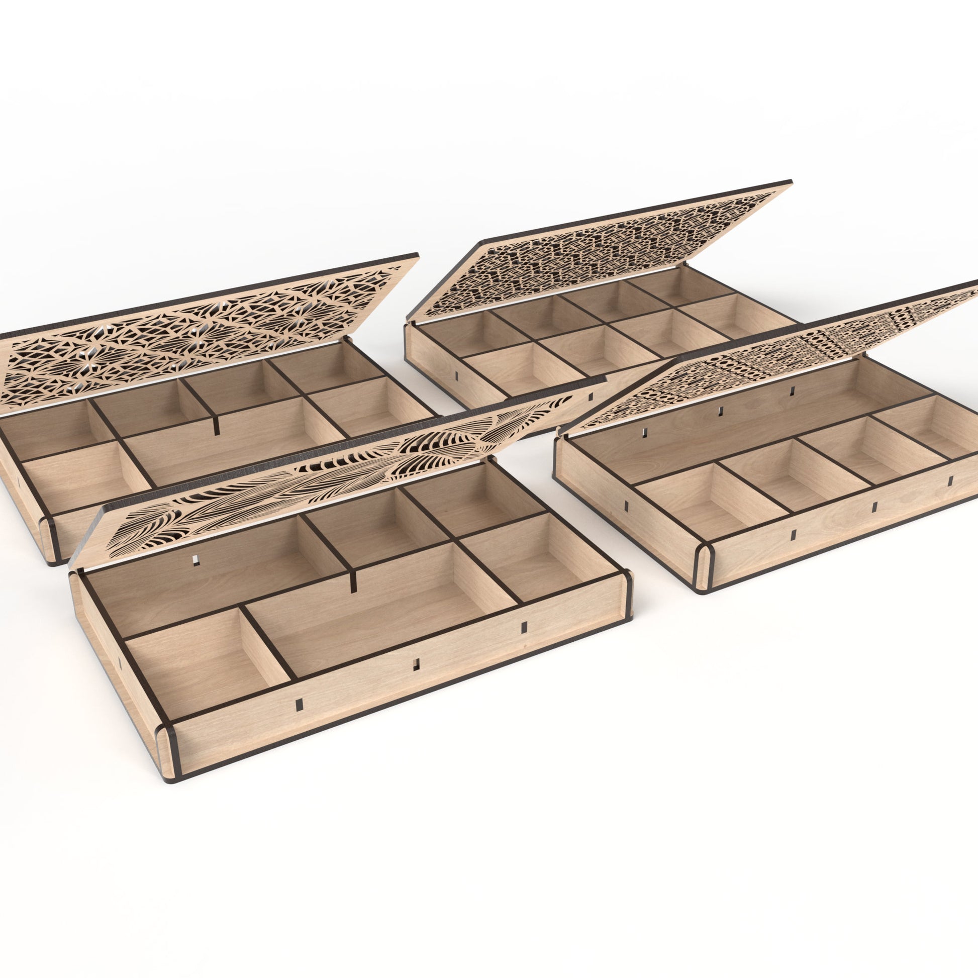 4 Stash boxes made from our laser cutting files and available for digital download. Features 4 captivating lid design variations, ideal for use as a dice box, memory box, keepsake box, jewelry box, earring box, gift box, and more.