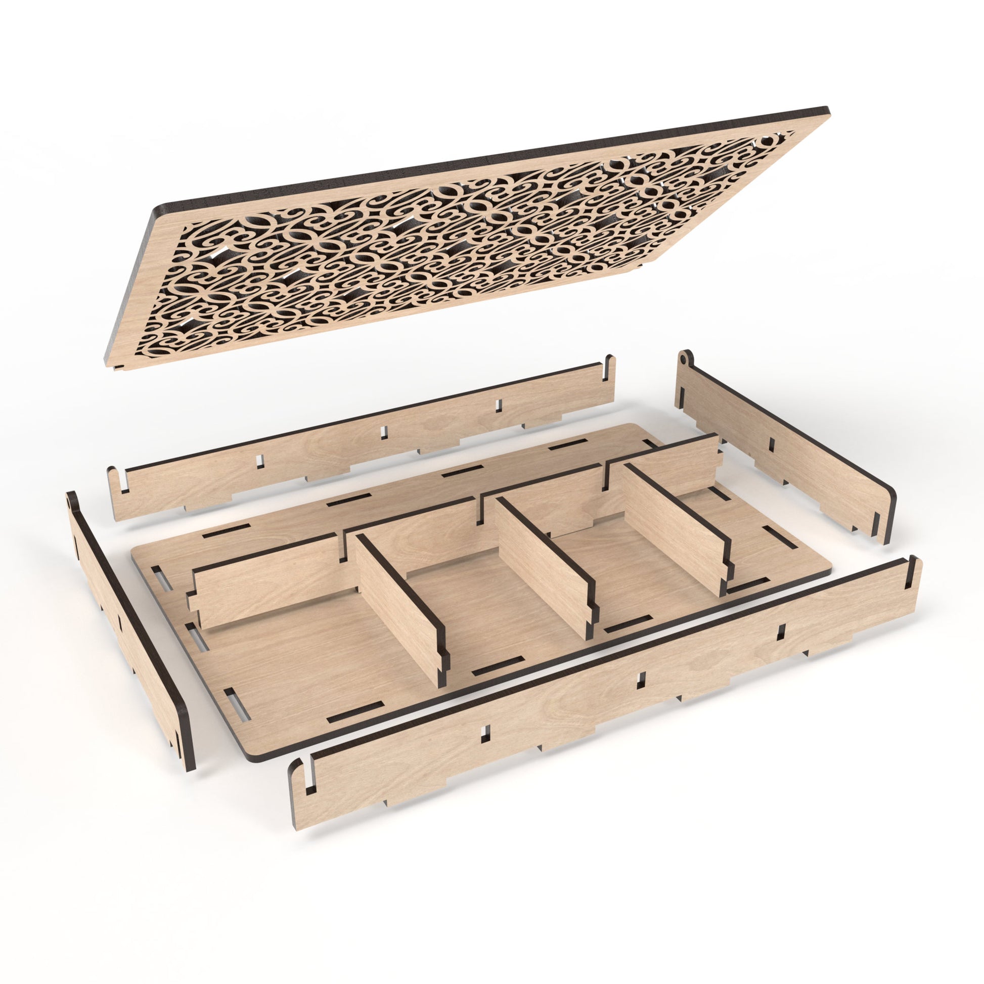 An exploded view of our stash box made from our laser cutting files and available for digital download. Features a captivating lid design and ideal for use as a dice box, memory box, keepsake box, jewelry box, earring box, gift box, and more.