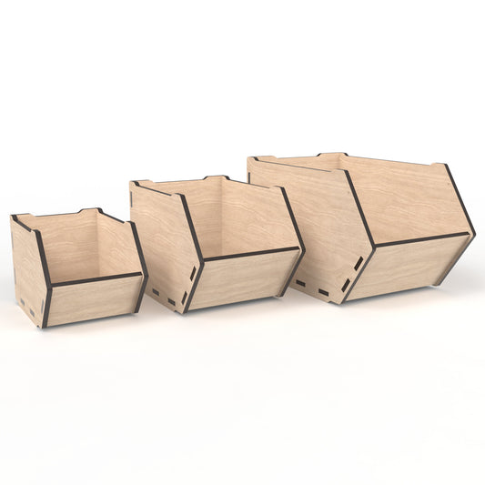 Set of 3 stackable storage bins made from our laser cutting files and available for digital download. Comes in small, medium, and large sizes with options for 3mm, 3.2mm (1/8 inch), and 4mm material thicknesses.