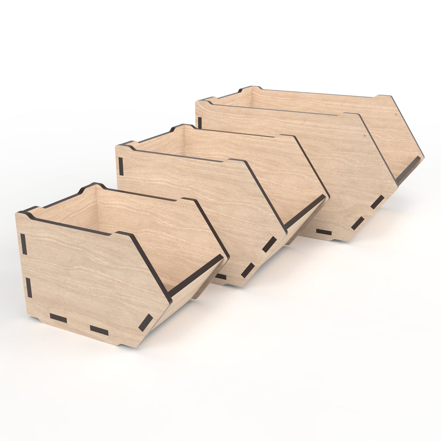 Set of 3 stackable storage bins made from our laser cutting files and available for digital download. Comes in small, medium, and large sizes with options for 3mm, 3.2mm (1/8 inch), and 4mm material thicknesses.