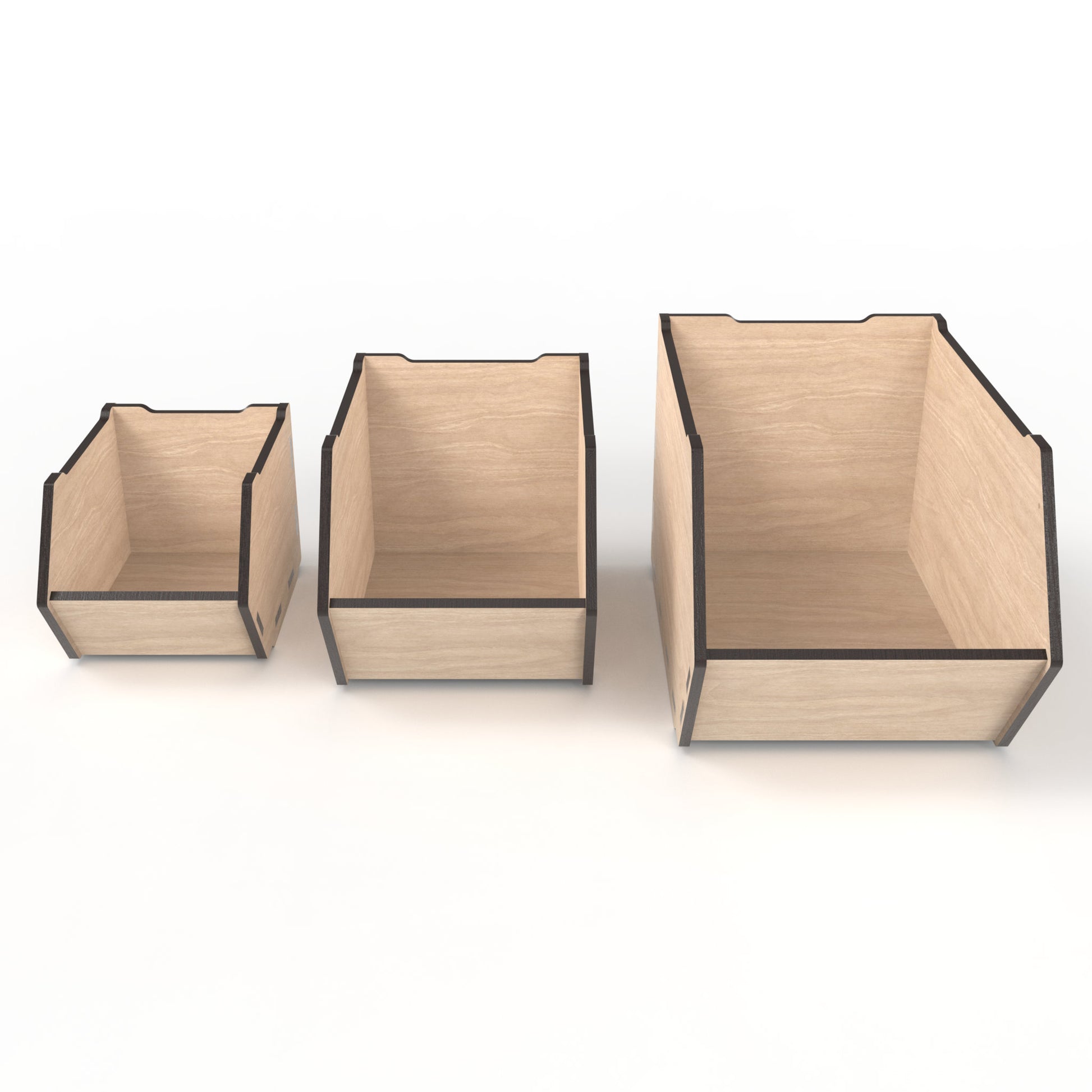 Set of 3 stackable storage bins made from our laser cutting files and available for digital download. 3 Sizes: small, medium and large with options for 3mm, 3.2mm (1/8 inch) and 4mm material thicknesses.