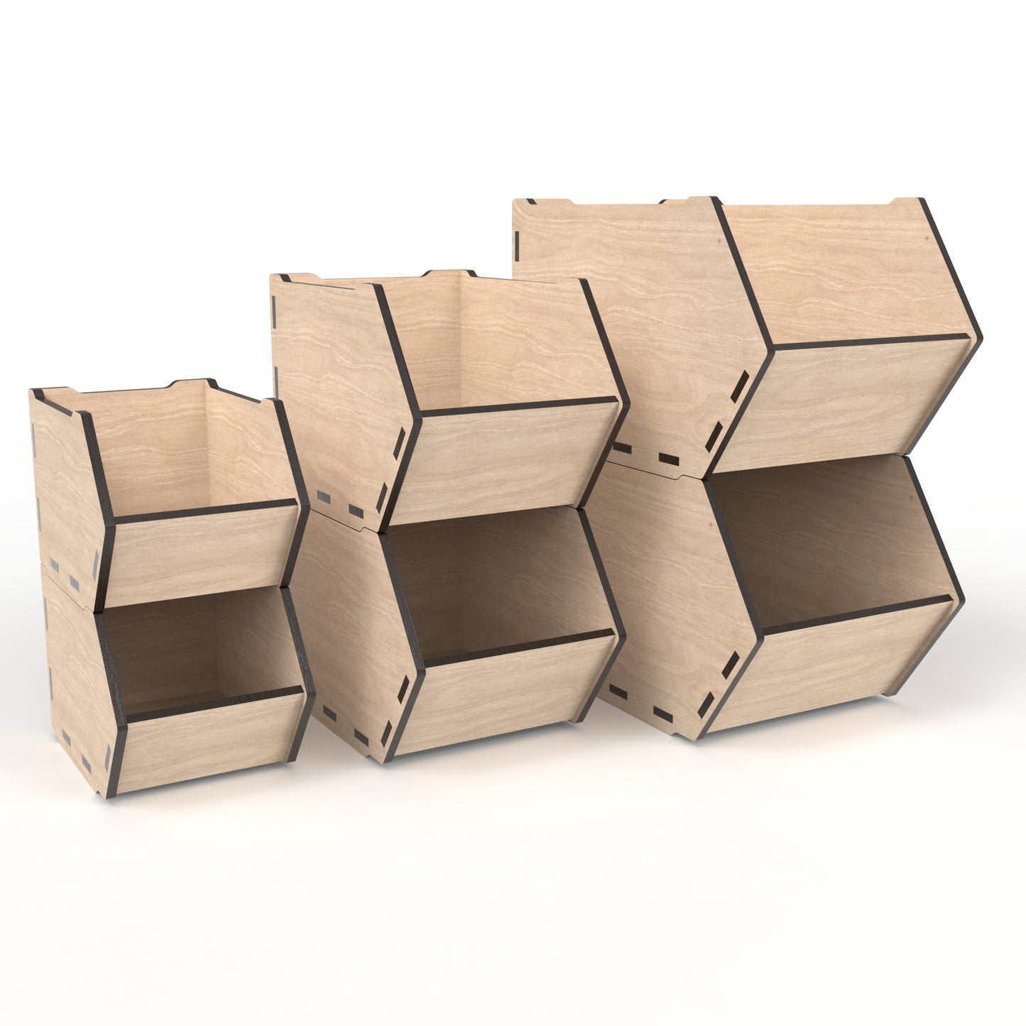 Set of 3 stackable storage bins made from our laser cutting files and available for digital download. Comes in small, medium, and large sizes with options for 3mm, 3.2mm (1/8 inch), and 4mm material thicknesses.