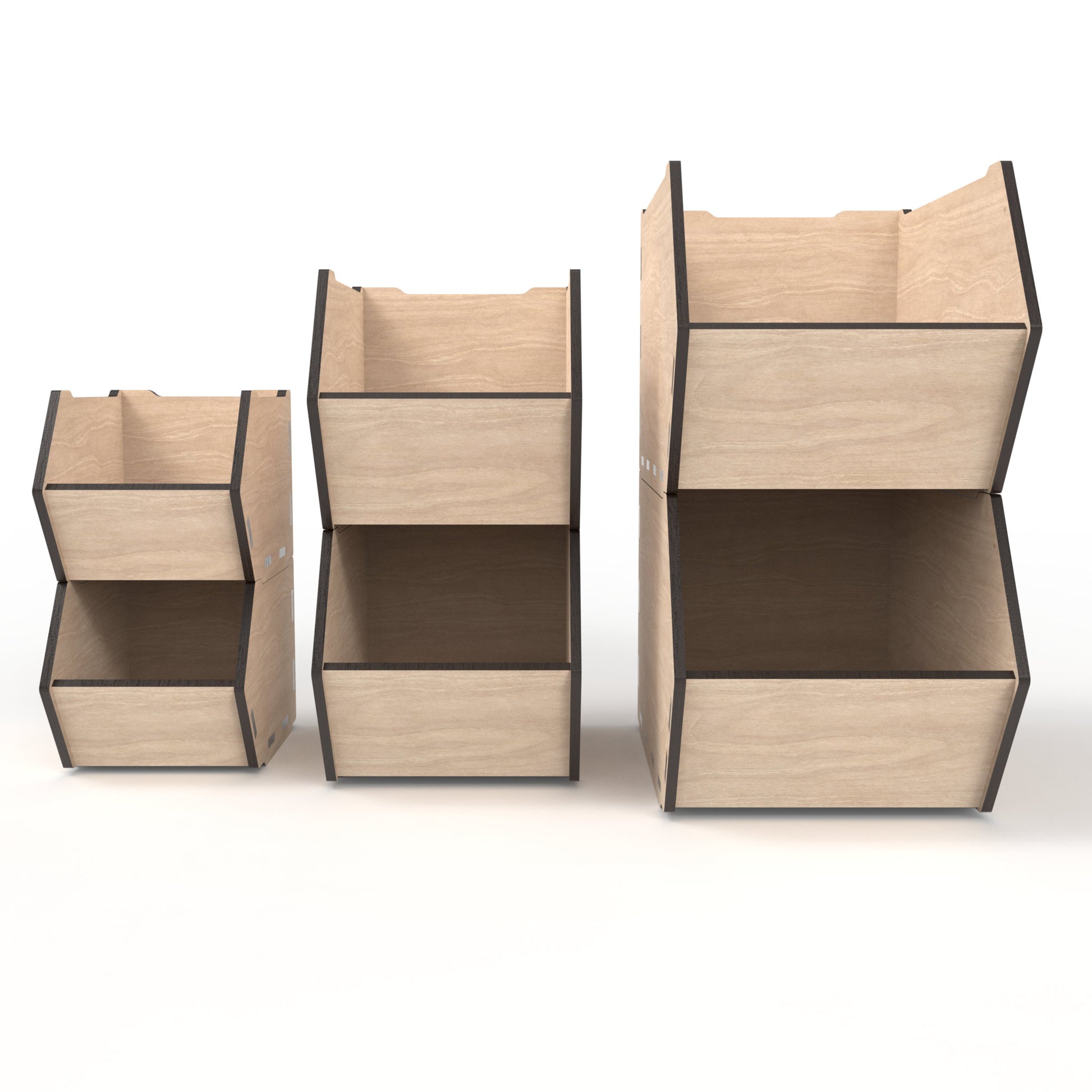 Set of 3 stackable storage bins made from our laser cutting files and available for digital download. Comes in small, medium, and large sizes with options for 3mm, 3.2mm (1/8 inch), and 4mm material thicknesses.