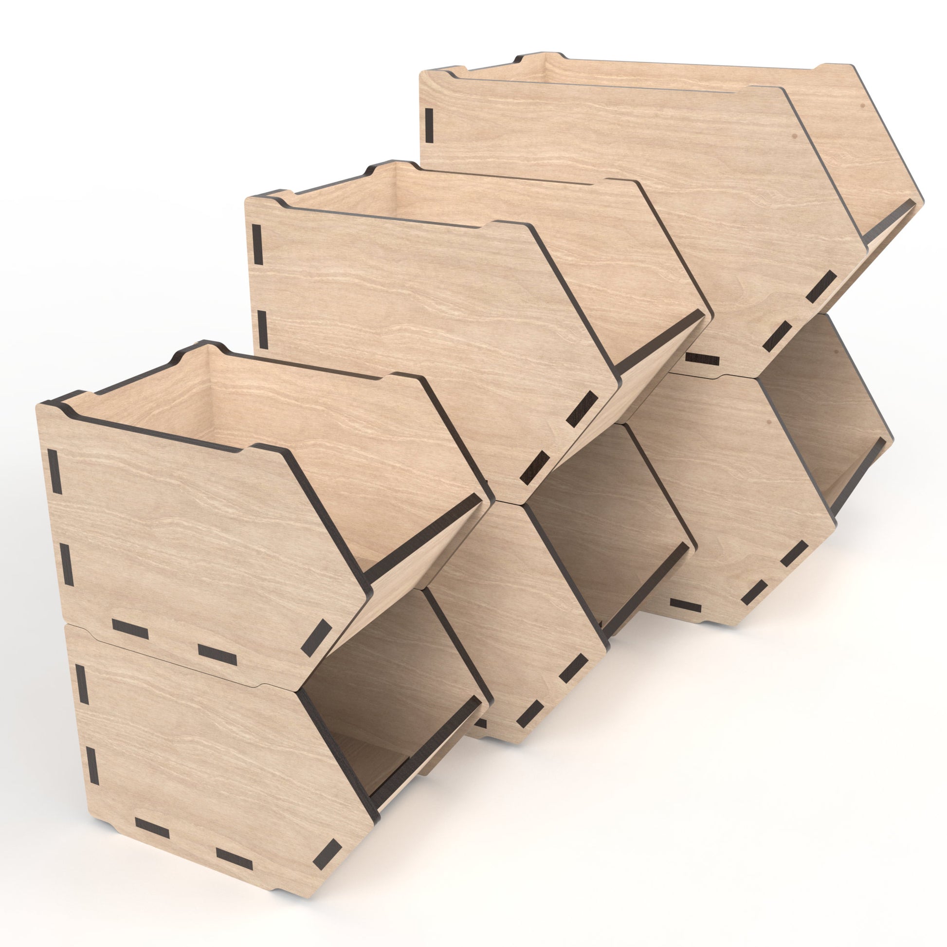 Set of 3 stackable storage bins made from our laser cutting files and available for digital download. Comes in small, medium, and large sizes with options for 3mm, 3.2mm (1/8 inch), and 4mm material thicknesses.