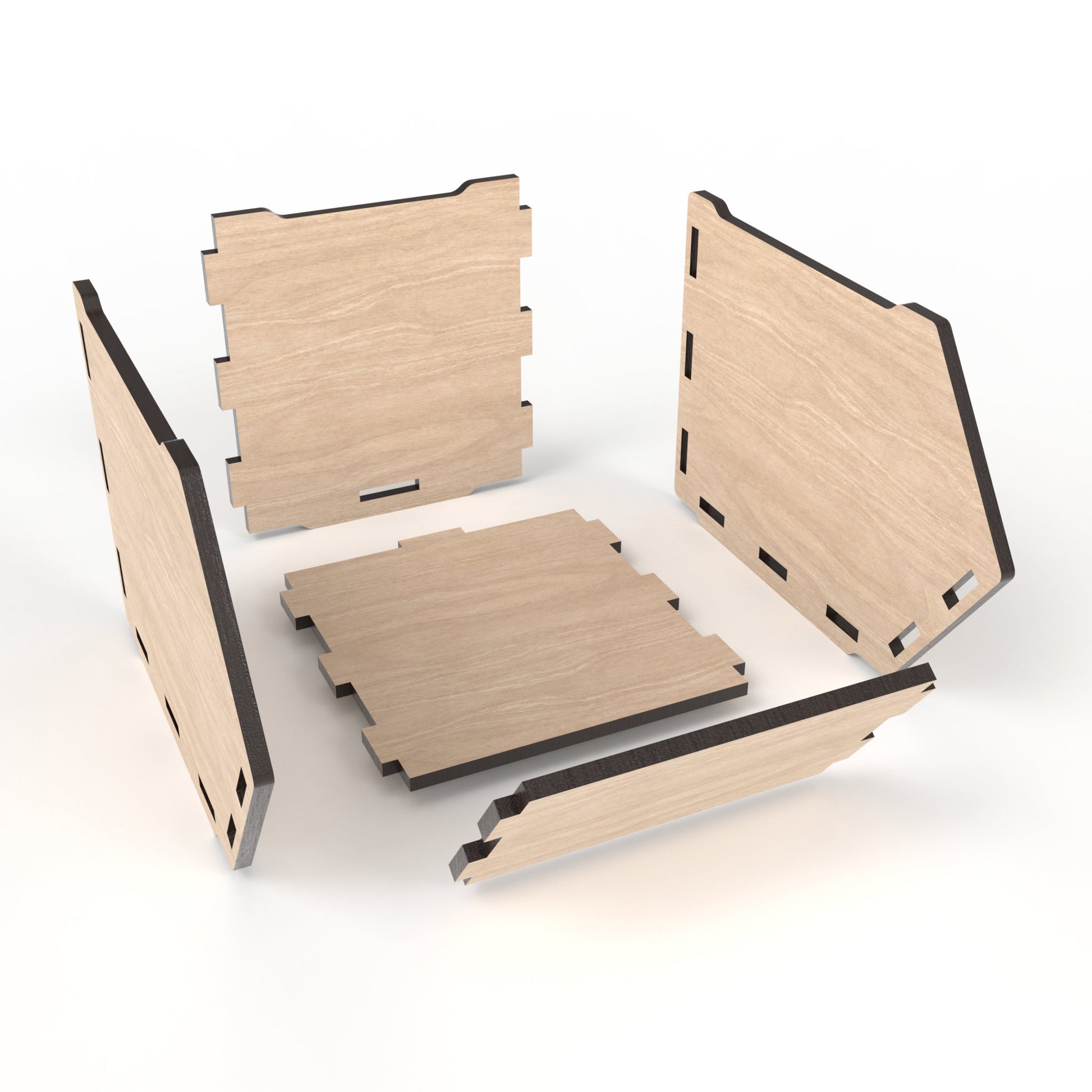 An exploded view of our set of 3 stackable storage bins made from our laser cutting files and available for digital download. 3 Sizes: small, medium and large with options for 3mm, 3.2mm (1/8 inch) and 4mm material thicknesses.