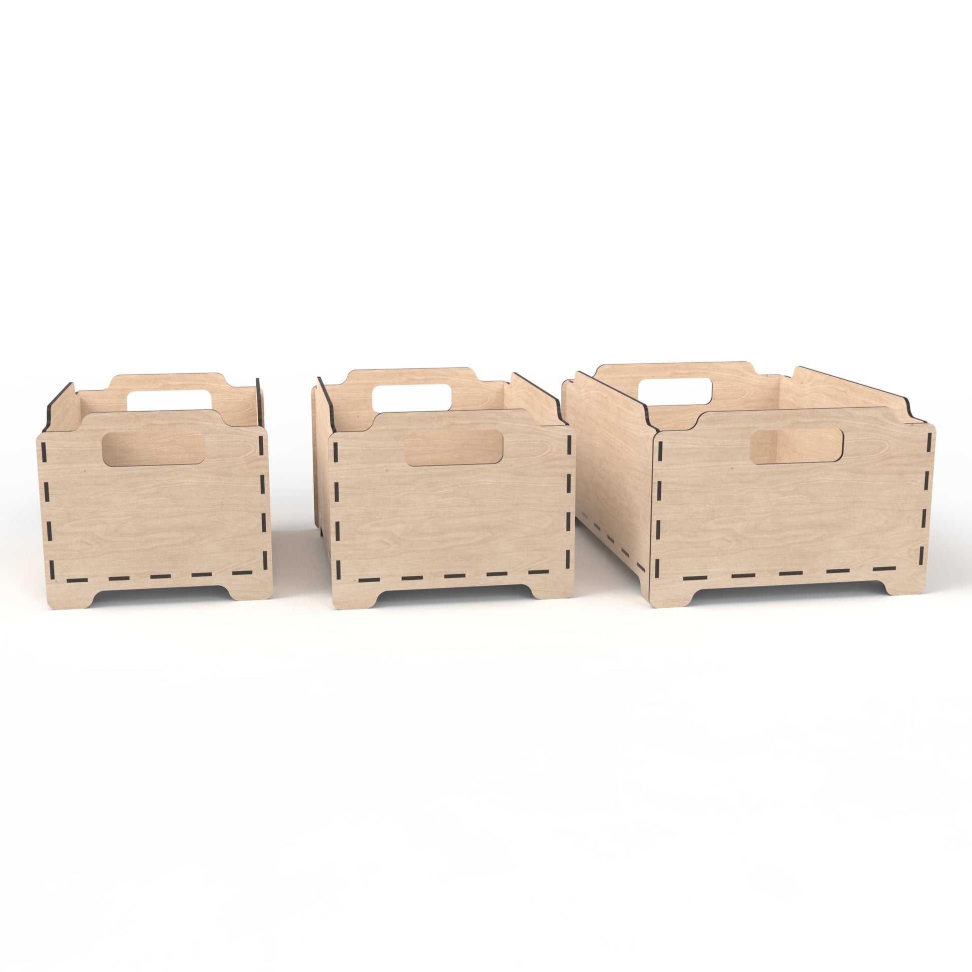 Set of 3 stackable storage boxes made from our laser cutting files and available for digital download. Each box features two handles for easy lifting and customizable spaces for laser engraving on the sides and ends. Easily stackable to maximize storage space.
