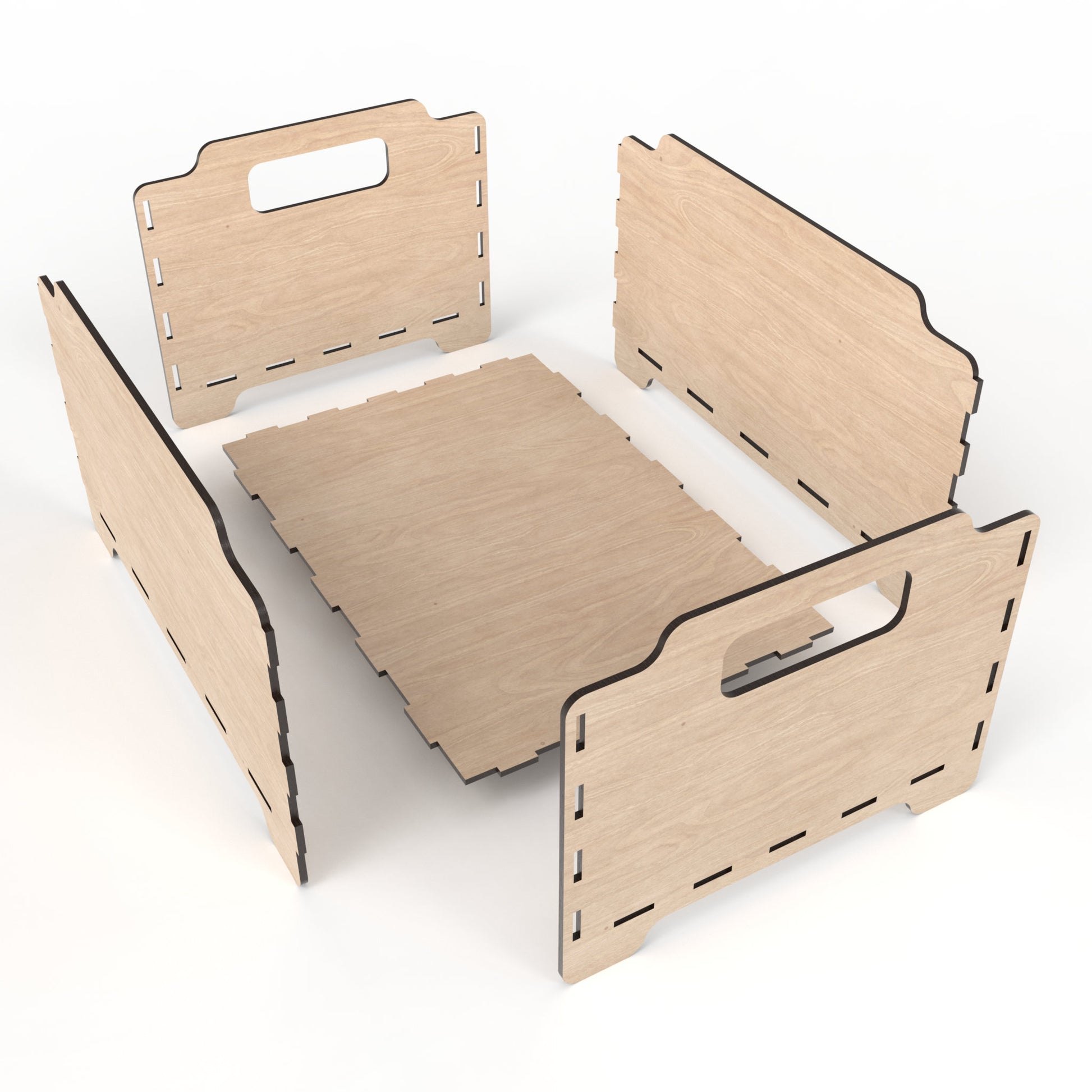 An exploded view of our stackable storage boxes made from our laser cutting files and available for digital download. Each box features two handles for easy lifting and customizable spaces for laser engraving on the sides and ends. Easily stackable to maximize storage space.