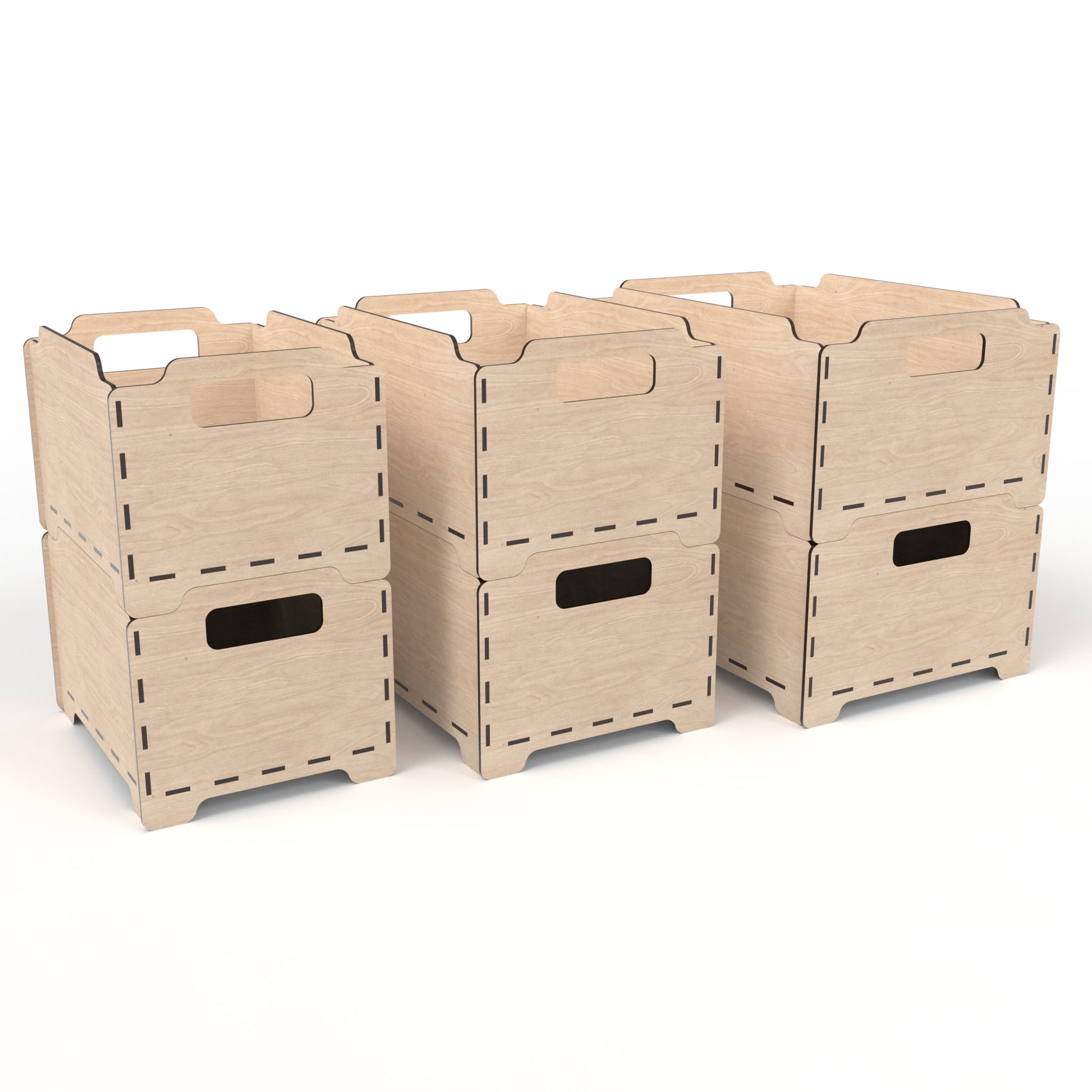Set of 6 stackable storage boxes made from our laser cutting files and available for digital download. Each box features two handles for easy lifting and customizable spaces for laser engraving on the sides and ends. Easily stackable to maximize storage space.
