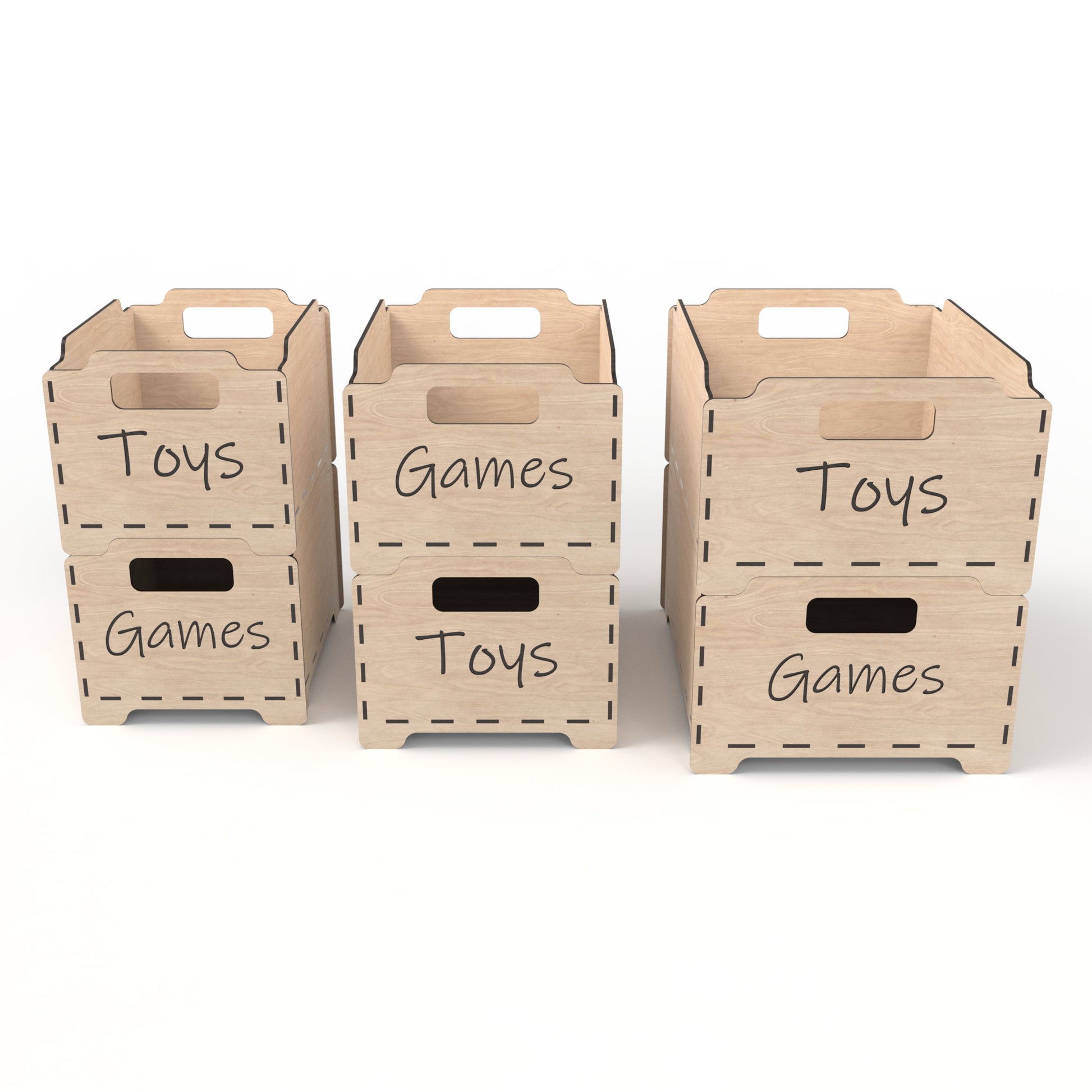 Set of 6 stackable storage boxes made from our laser cutting files and available for digital download. Each box features two handles for easy lifting and customizable spaces for laser engraving on the sides and ends. Easily stackable to maximize storage space.