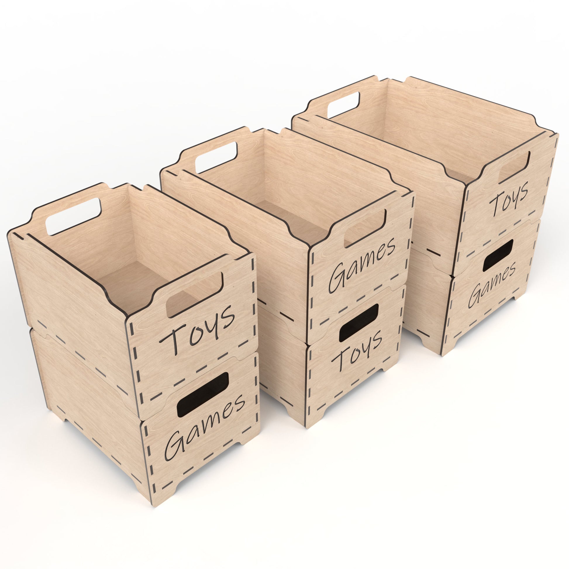 Set of 6 stackable storage boxes made from our laser cutting files and available for digital download. Each box features two handles for easy lifting and customizable spaces for laser engraving on the sides and ends. Easily stackable to maximize storage space.