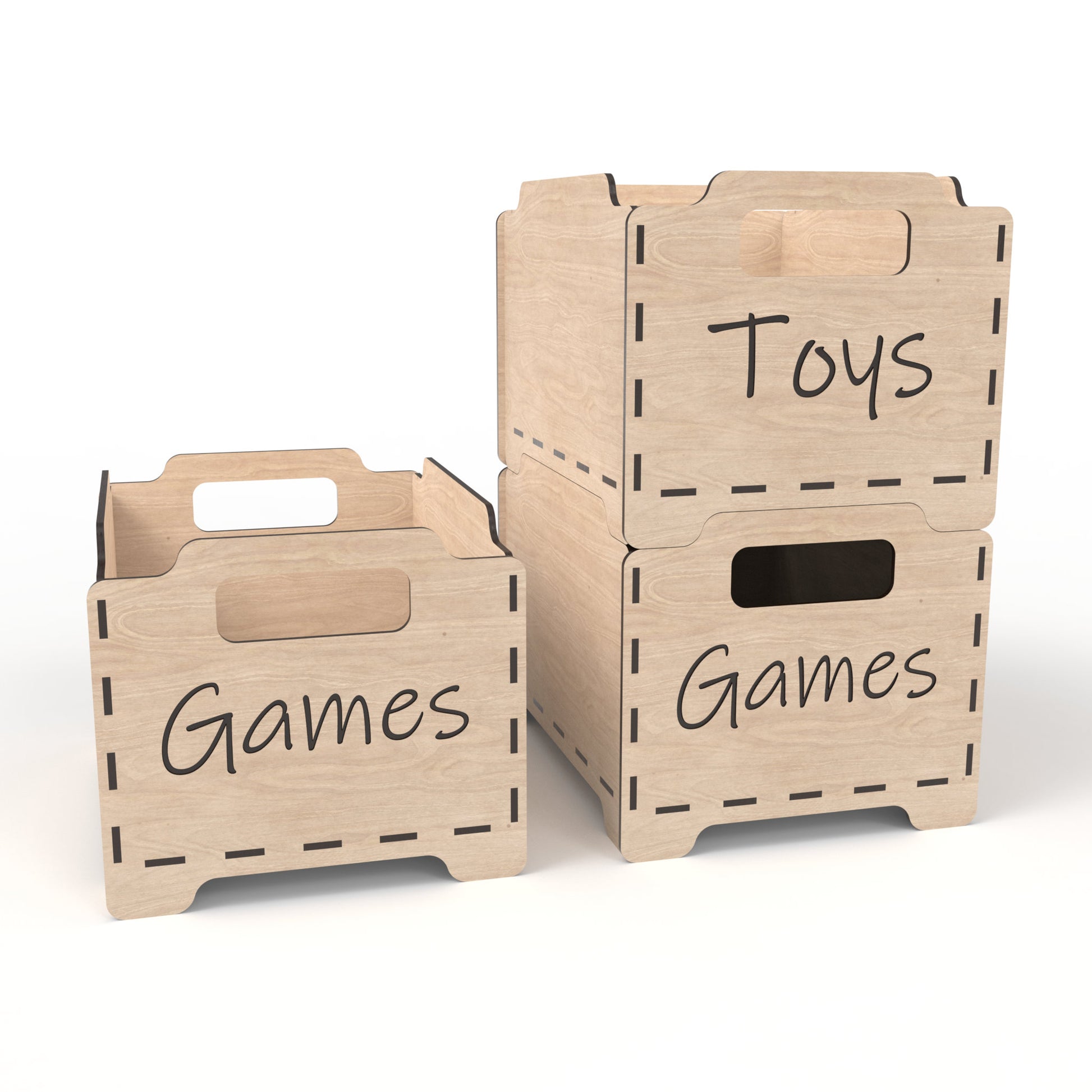 Set of 3 stackable storage boxes made from our laser cutting files and available for digital download. Each box features two handles for easy lifting and customizable spaces for laser engraving on the sides and ends. Easily stackable to maximize storage space.
