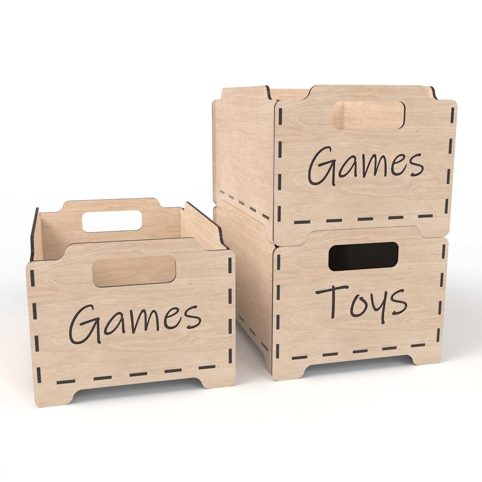 Set of 3 stackable storage boxes made from our laser cutting files and available for digital download. Each box features two handles for easy lifting and customizable spaces for laser engraving on the sides and ends. Easily stackable to maximize storage space.