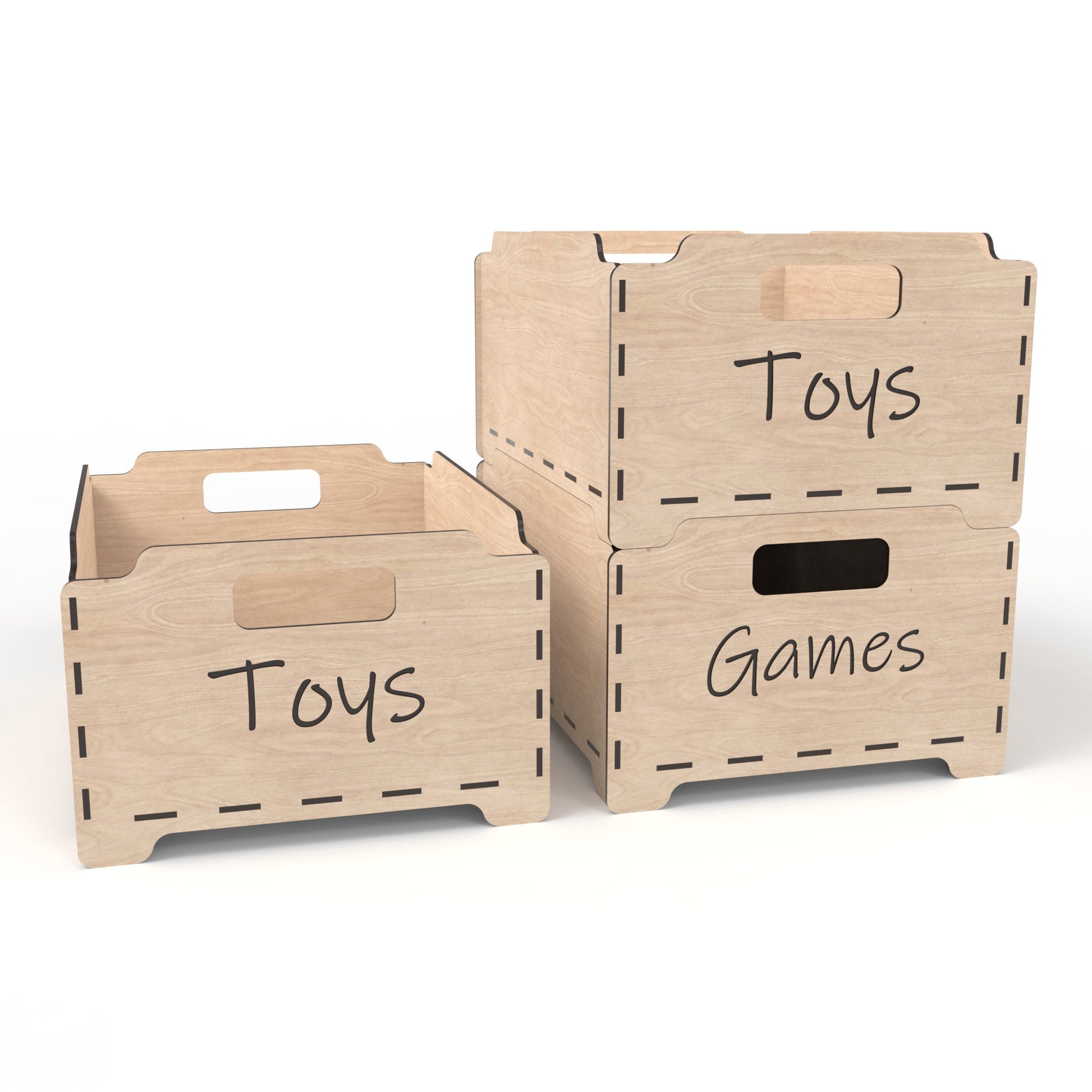 Set of 3 stackable storage boxes made from our laser cutting files and available for digital download. Each box features two handles for easy lifting and customizable spaces for laser engraving on the sides and ends. Easily stackable to maximize storage space.