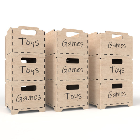 Set of 9 stackable storage boxes made from our laser cutting files and available for digital download. Each box features two handles for easy lifting and customizable spaces for laser engraving on the sides and ends. Easily stackable to maximize storage space.