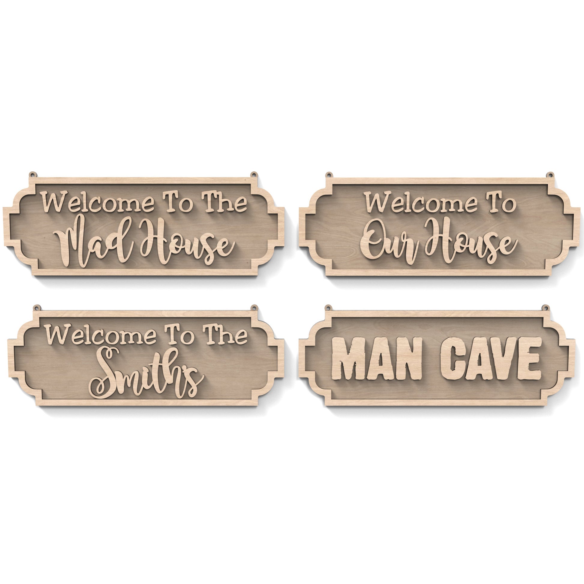 Set of 4 two-layered personalized street signs made from our laser cutting files and available for digital download. Includes signs with 'Welcome To The Mad House,' 'Man Cave,' 'Welcome To Our House,' and options for personalization.