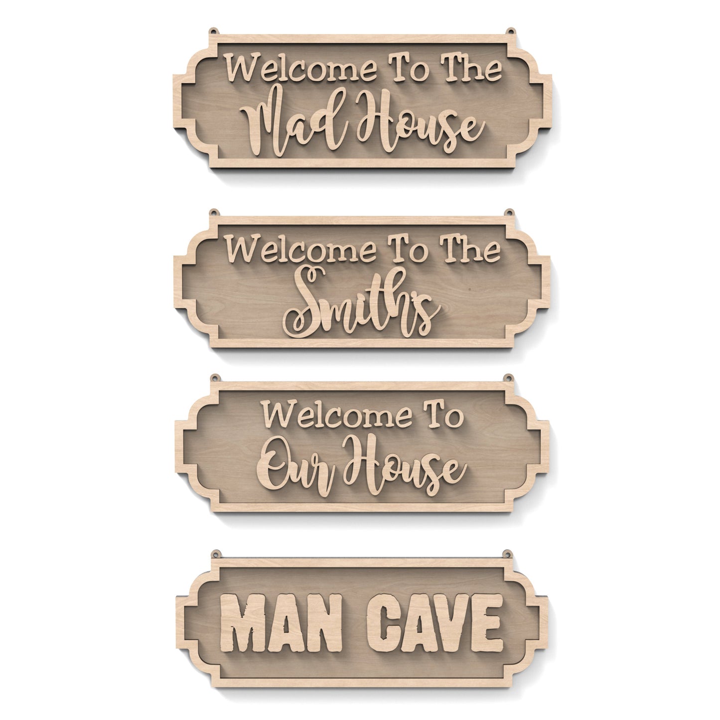 Set of 4 two-layered personalized street signs made from our laser cutting files and available for digital download. Includes signs with 'Welcome To The Mad House,' 'Man Cave,' 'Welcome To Our House,' and options for personalization.