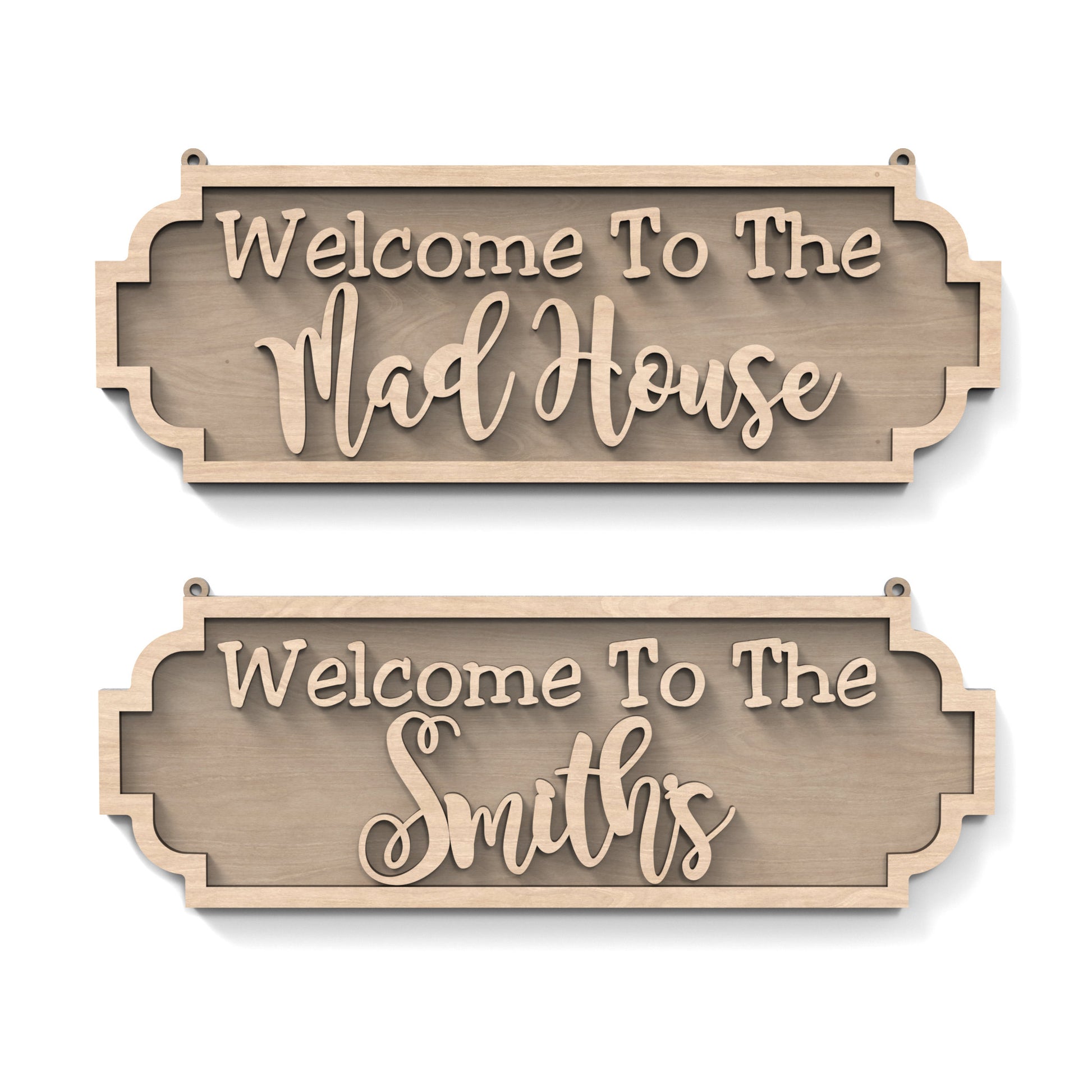 Set of 2 two-layered personalized street signs made from our laser cutting files and available for digital download. Includes signs with 'Welcome To The Mad House' and options for personalization.