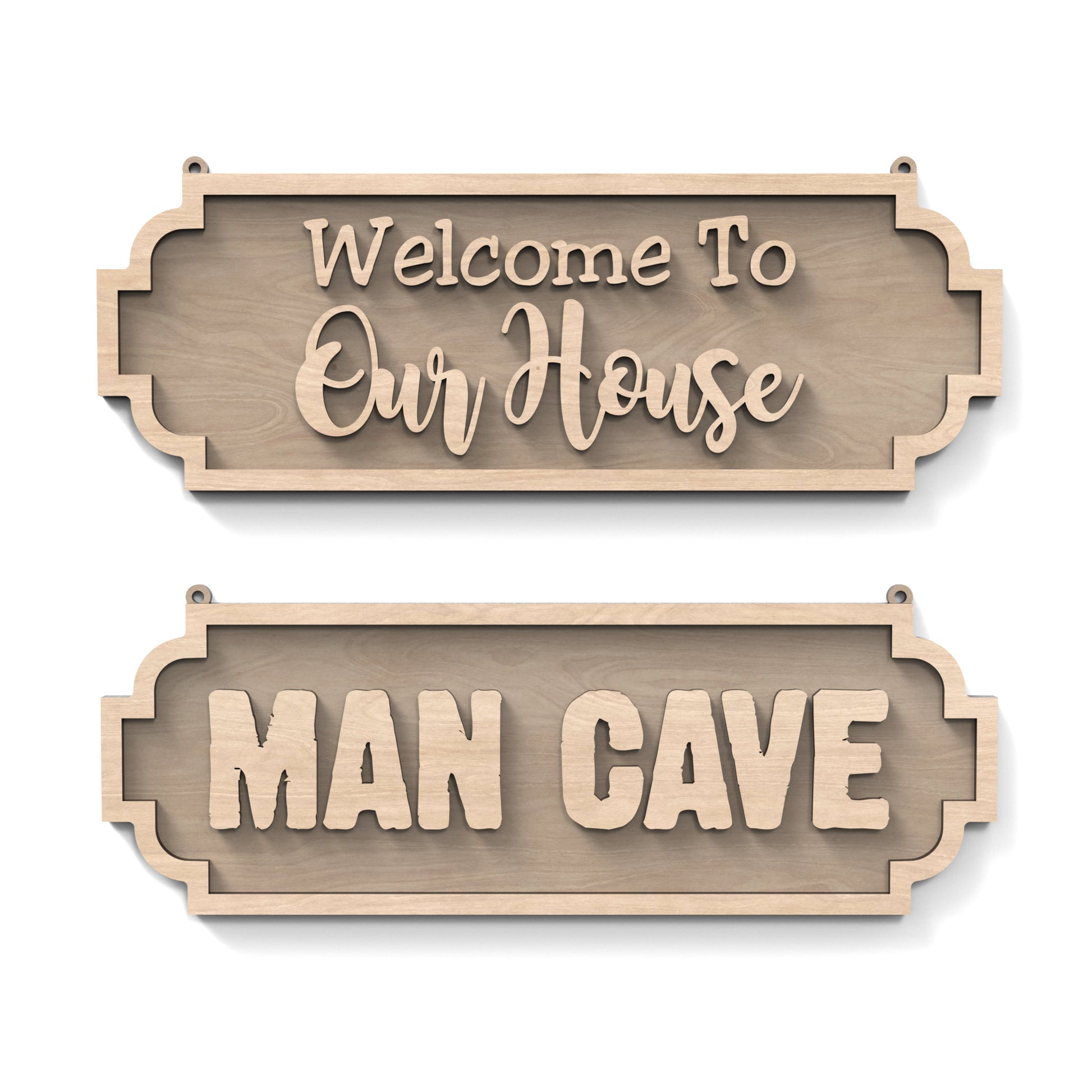 Set of 2 two-layered personalized street signs made from our laser cutting files and available for digital download. Includes signs with 'Man Cave' and 'Welcome To Our House'.