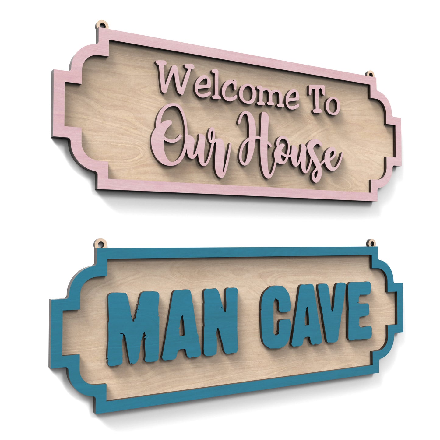 Set of 2 two-layered personalized street signs made from our laser cutting files and available for digital download. Includes signs with 'Man Cave' and 'Welcome To Our House'.