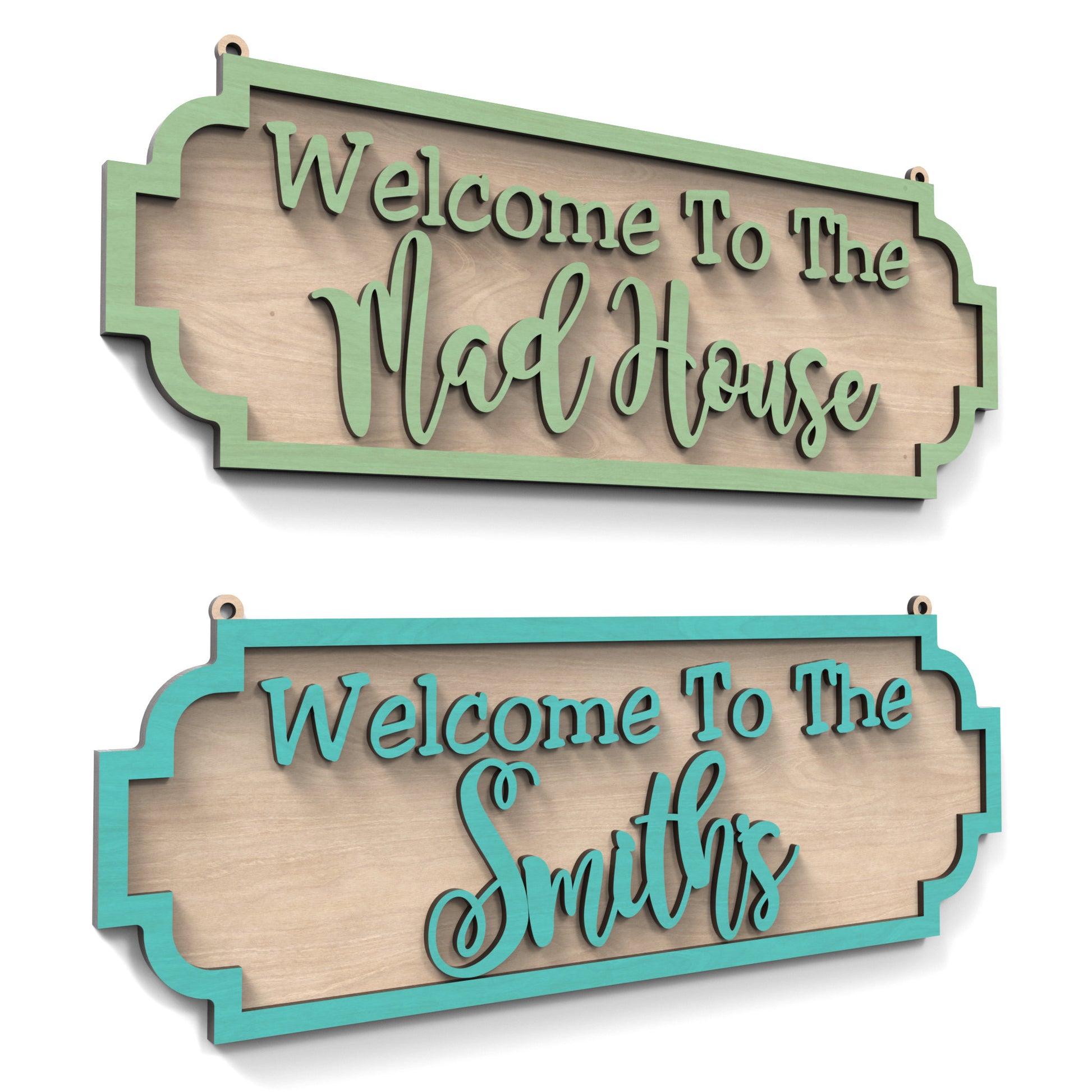 Set of 2 two-layered personalized street signs made from our laser cutting files and available for digital download. Includes signs with 'Welcome To The Mad House' and options for personalization.