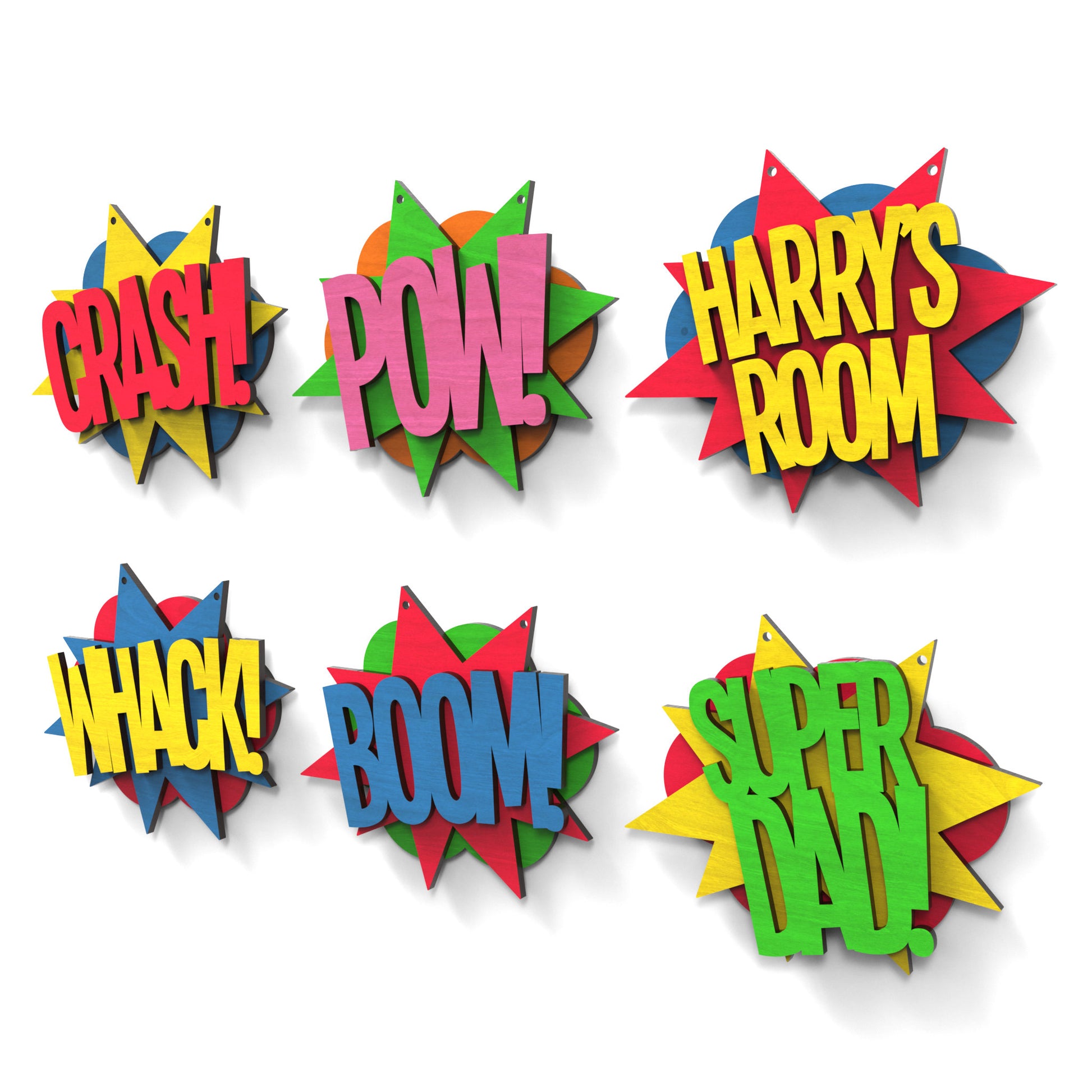 Set of 6 Retro Super Hero Comic Book signs made from our laser cutting files and available for digital download. Ideal for adding a touch of nostalgia to your walls and doors.