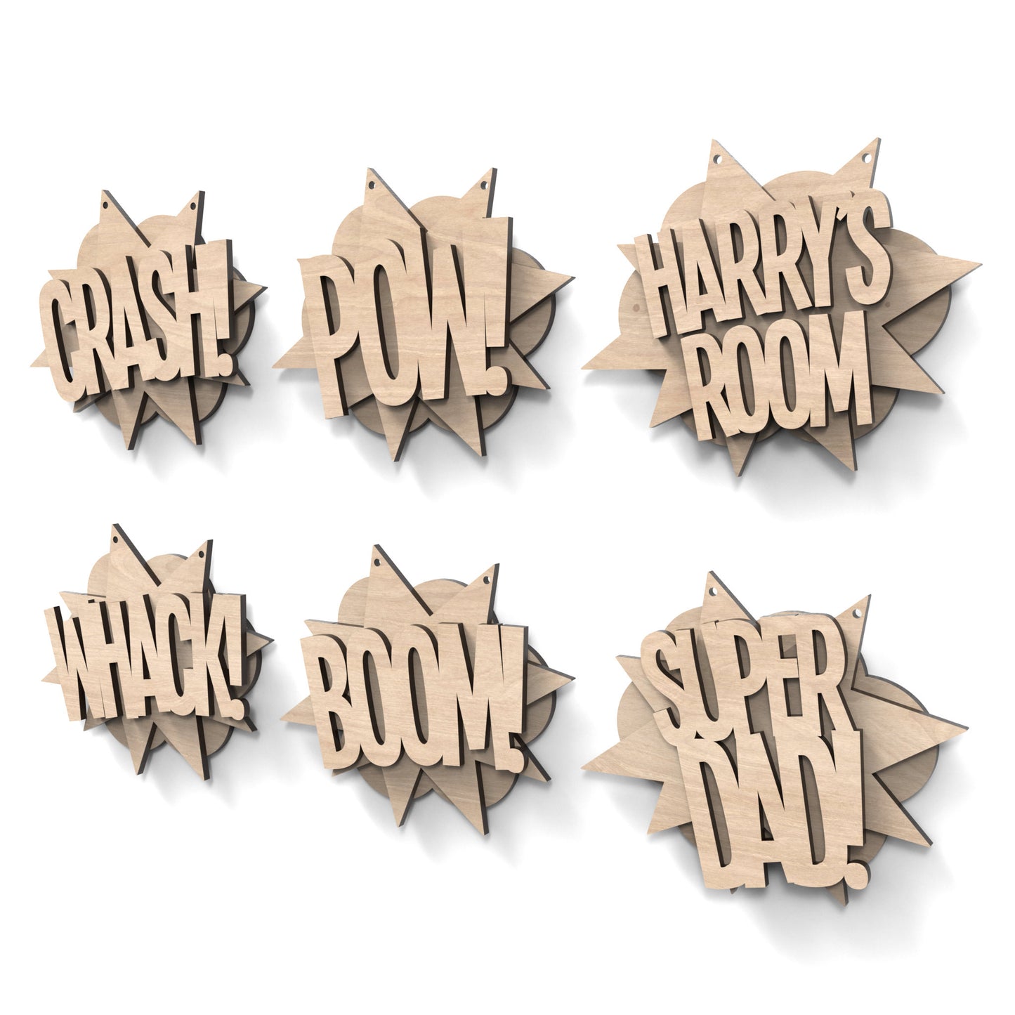 Set of 6 Retro Super Hero Comic Book signs made from our laser cutting files and available for digital download. Ideal for adding a touch of nostalgia to your walls and doors.