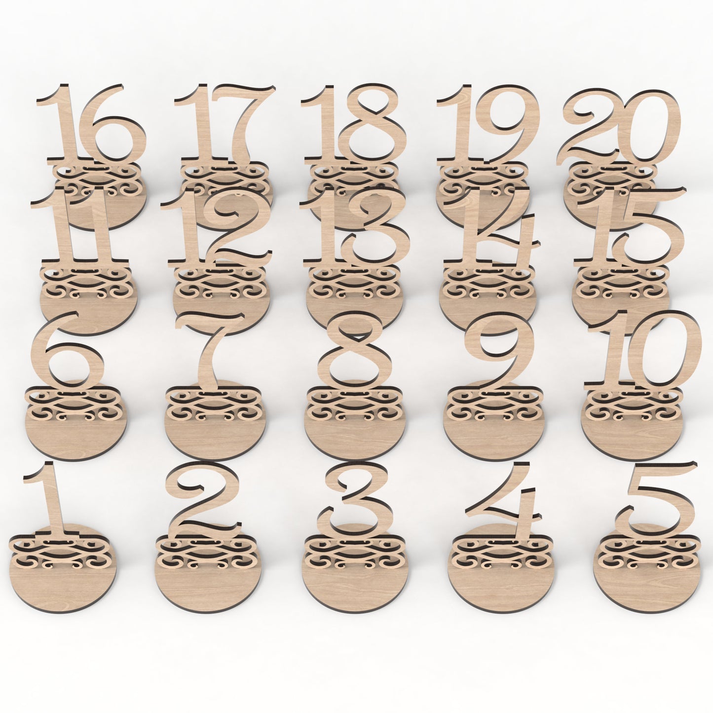 Set of 20 wedding table numbers made from our laser cutting files and available for digital download. These freestanding table number signs are perfect for weddings, birthdays, Christmas, and corporate gatherings, offering versatility for any occasion.