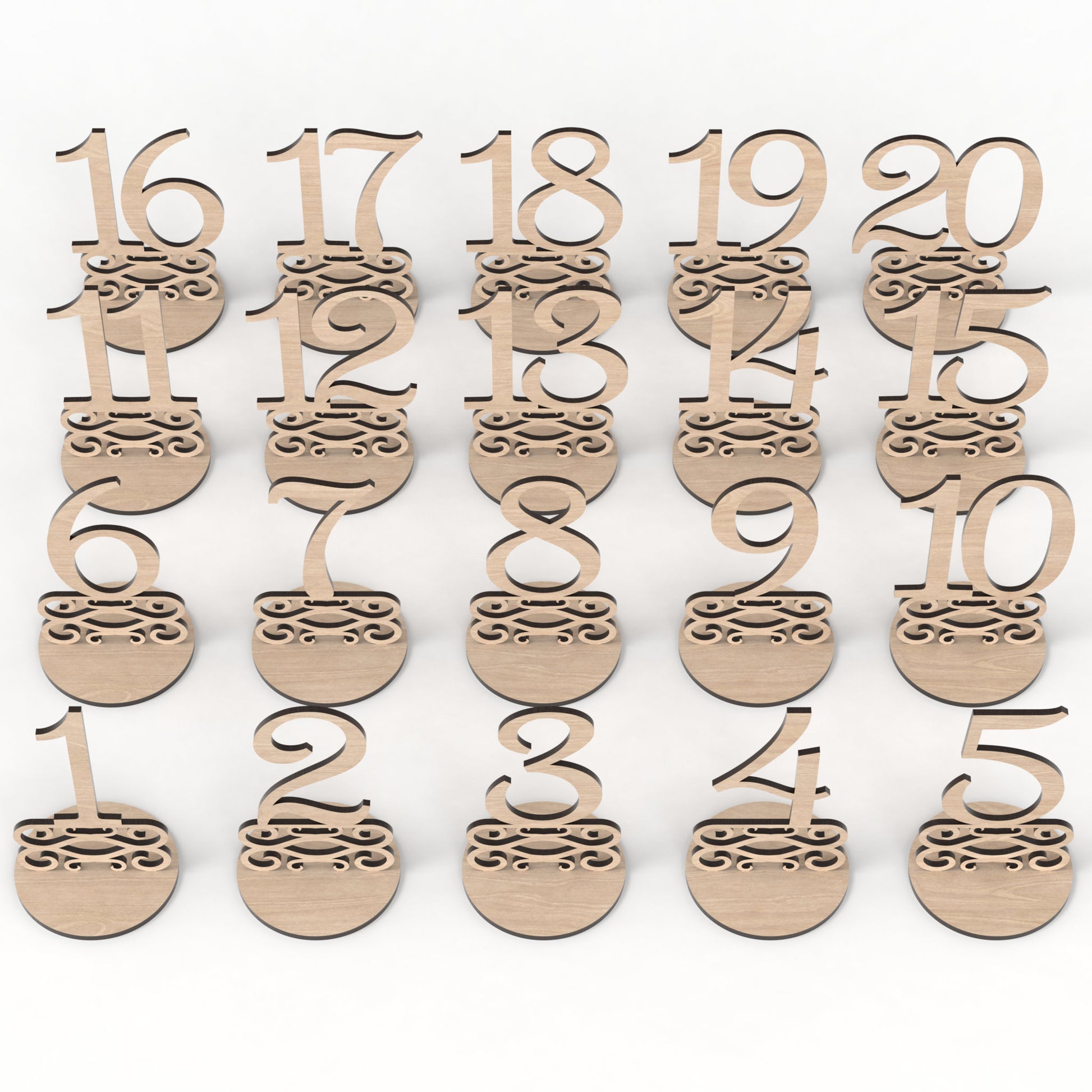 Set of 20 wedding table numbers made from our laser cutting files and available for digital download. These freestanding table number signs are perfect for weddings, birthdays, Christmas, and corporate gatherings, offering versatility for any occasion.