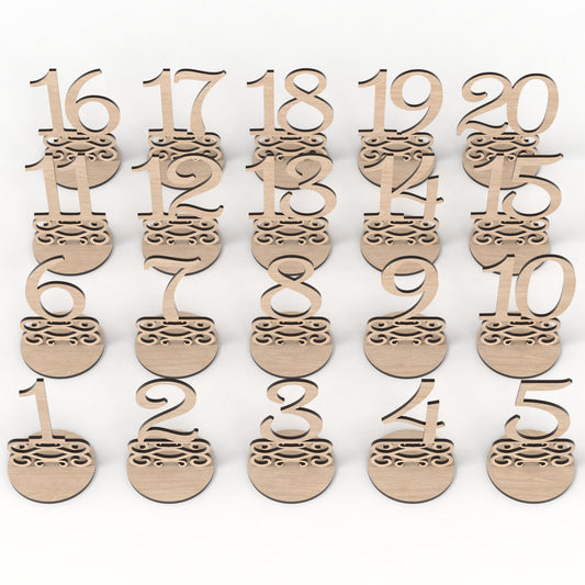 Set of 20 wedding table numbers made from our laser cutting files and available for digital download. These freestanding table number signs are perfect for weddings, birthdays, Christmas, and corporate gatherings, offering versatility for any occasion.